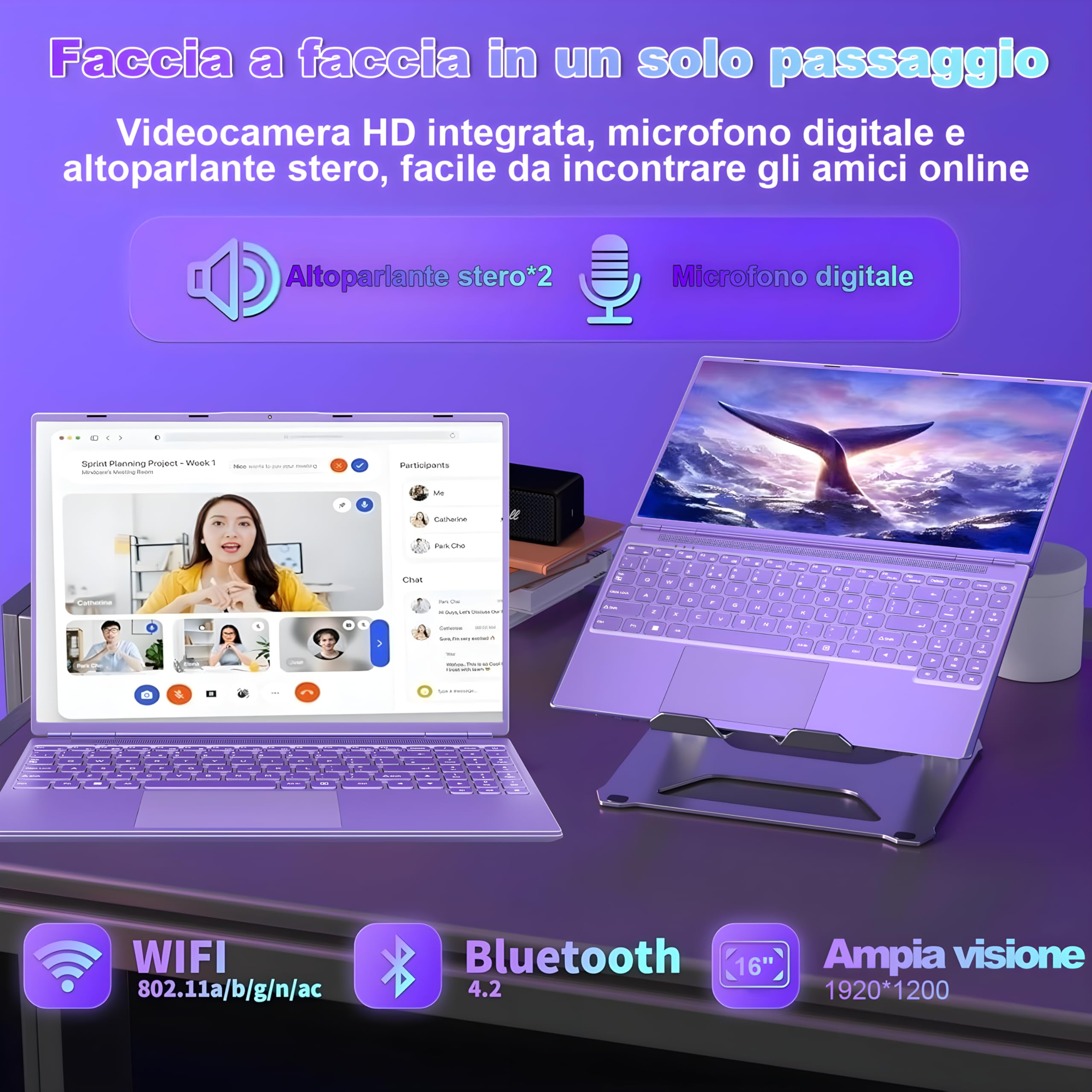 PC Portatile 16 Pollici Laptop Notebook Celeron N5095 (fino a 2.9Ghz), Win 11 Portatile 12+512GB 1TB SSD Espansione丨Ventola di Raffreddamento丨Supporto 5G WIFI丨1920 * 1200 2K Schermo Doppio-Viola