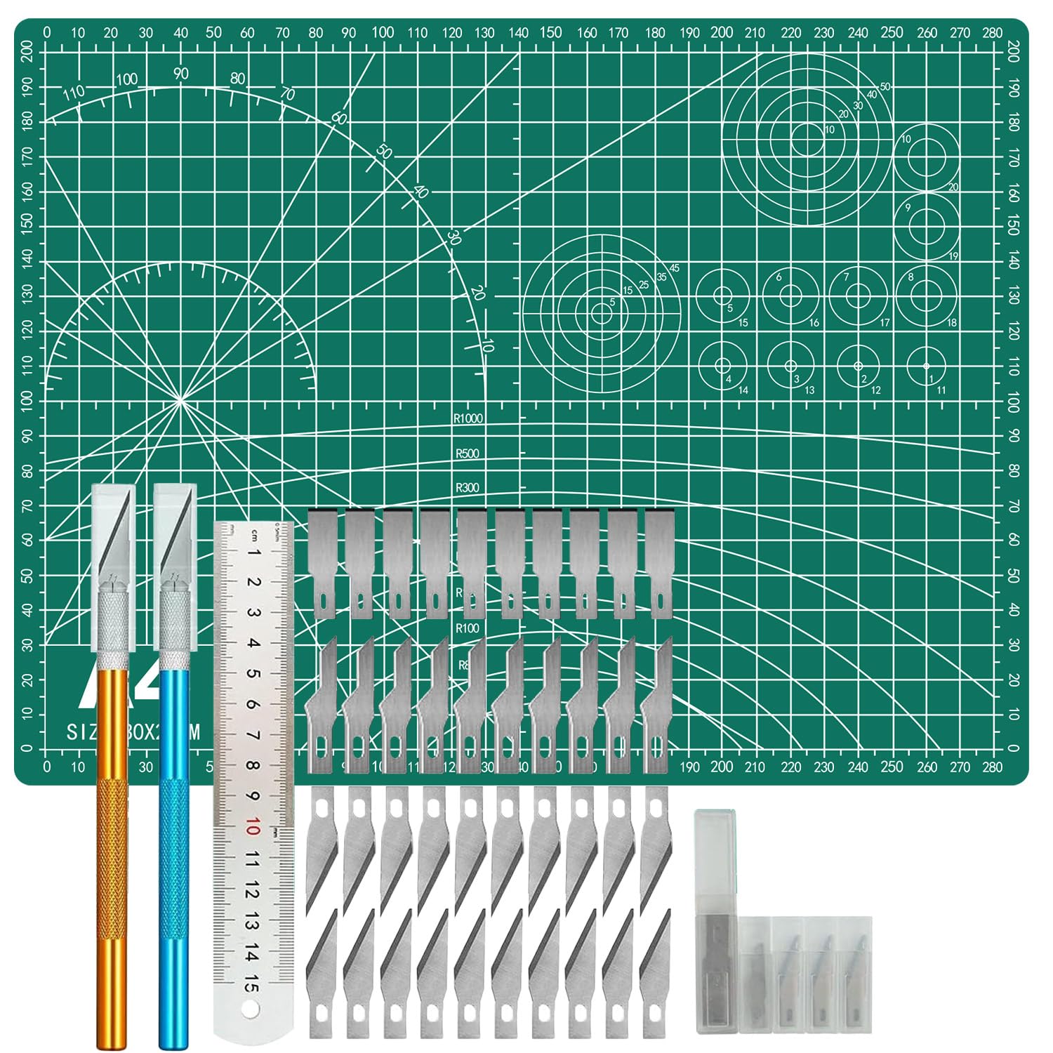 FANFX 44PCS A4 Cutting Mat Kit, Double-Sided A4 Mat for Carving Crafts, Cutting Board for Sewing Self Healing Cutting Mat (Green)