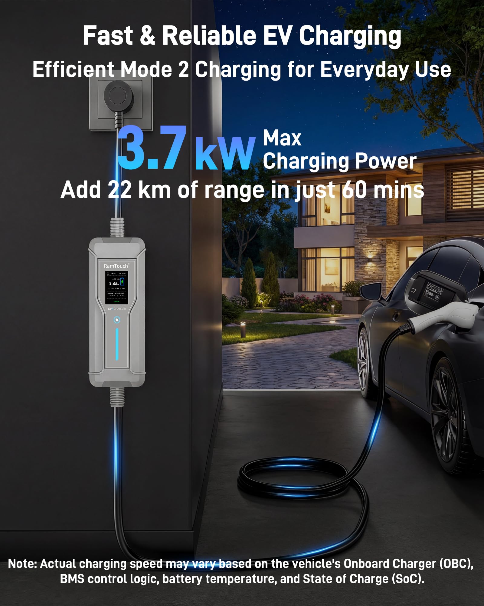 Caricatore Auto Elettrica (3,7 kW, 6 A - 16 A, 5 m, IP67) | Schuko a Tipo 2 | Cavo Ricarica Modo 2 con Display, Avvio Ritardato, Timer, RCD CA/CC, Wallbox Portatile per Veicoli EV e PHEV