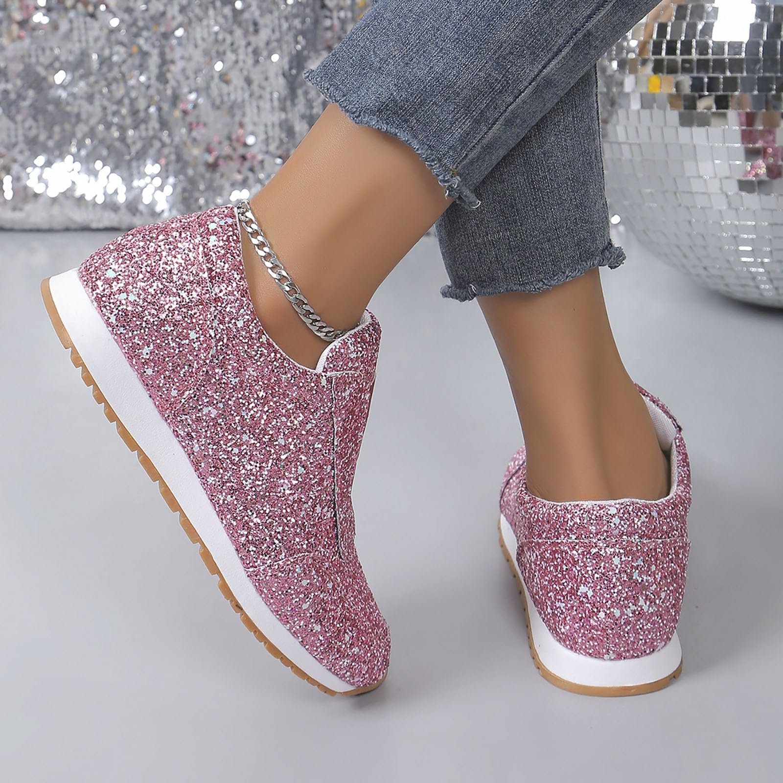 Scarpe da ginnastica da donna glitterate, eleganti, comode, slip-on | Scarpe sportive traspiranti, leggere, antiscivolo, per attività all'aperto, fitness, camminata