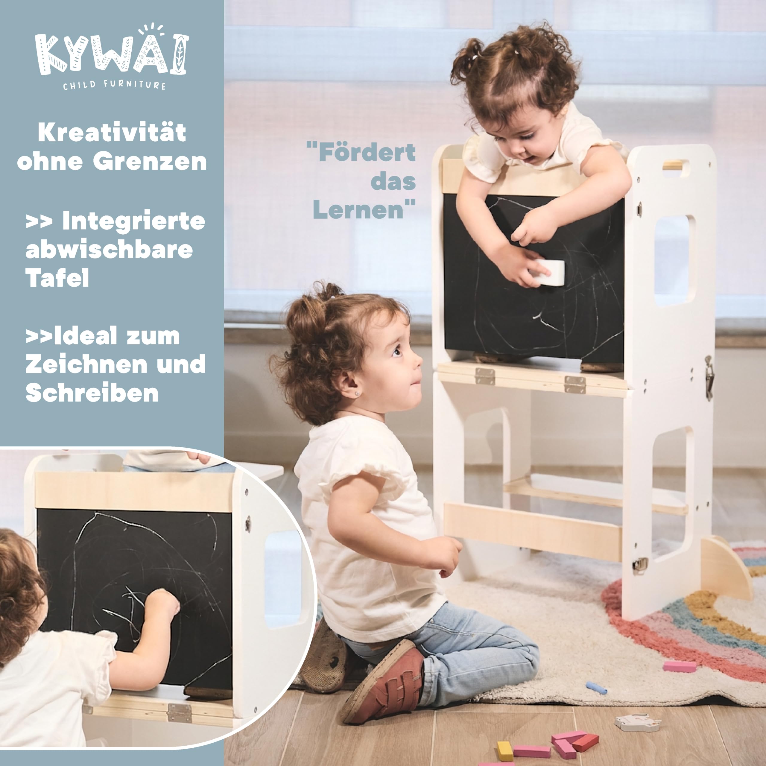 Lernturm ab 1 Jahr – Lernturm Klappbar 3 in 1 mit Tafel – Learning Tower für Kinder – Faltbar mit Sicherheitsfüßen – Aus Nachhaltigem Holz – Stabiler Montessori-Hocker für Zuhause