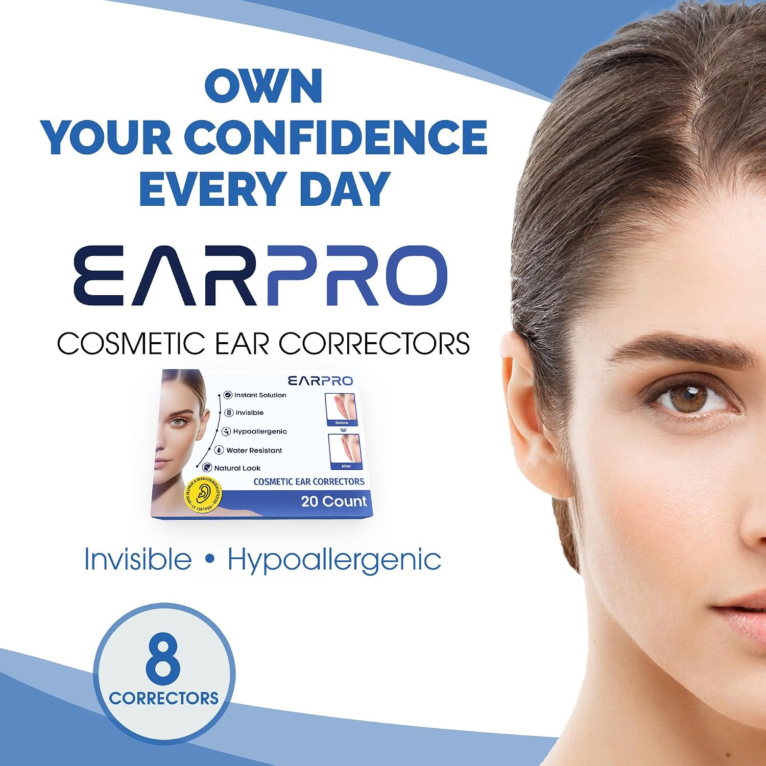 EarPro Cosmetic Ear Corrector – Stronger Adhesive Stickers, Hold Back Protruding Ears Without Surgery – Invisible, Water-Resistant Patches for Adults to Correct Ear Position – 20 Pack – Clear One Size