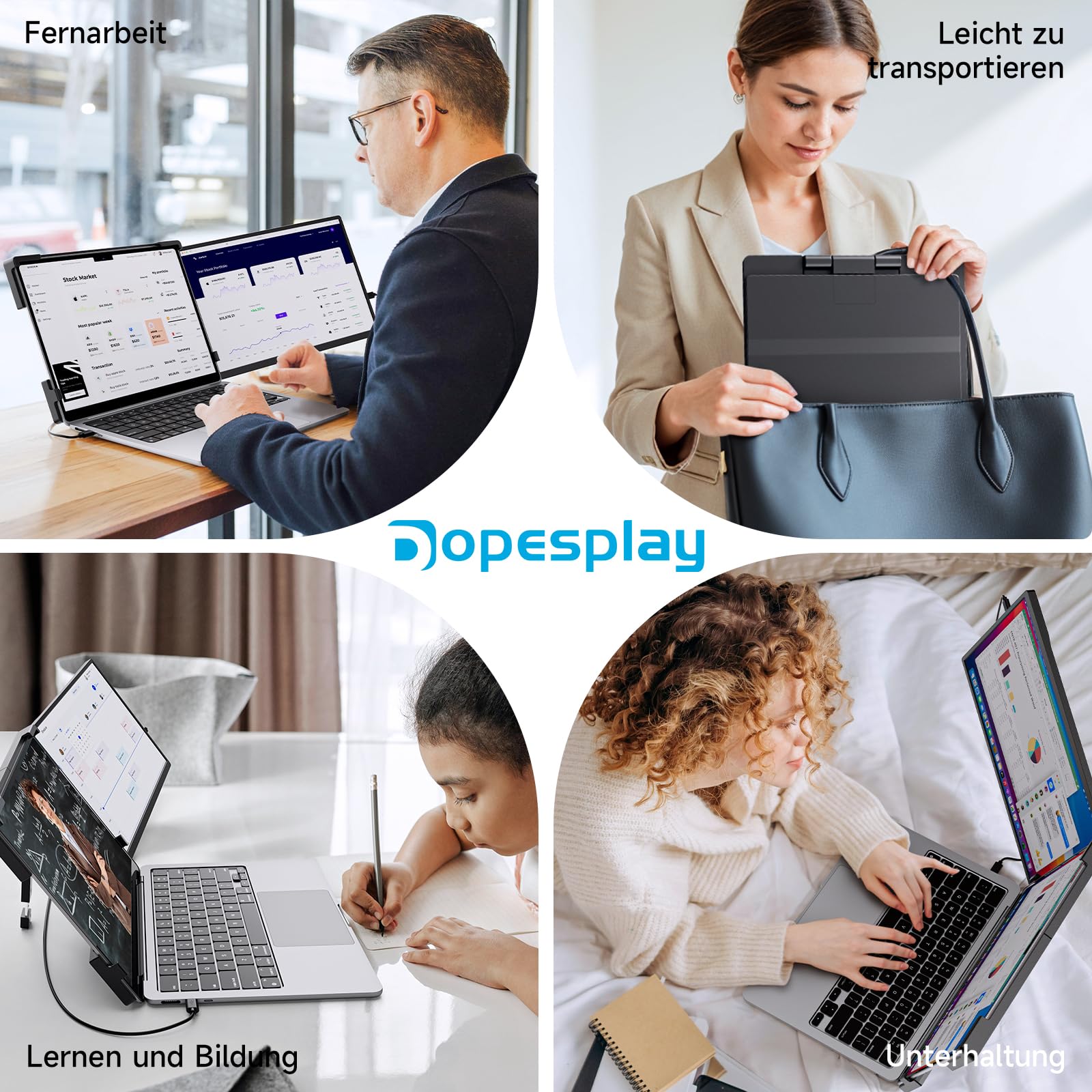 Dopesplay Laptop Monitor Erweiterung, 14 Zoll 1200P FHD Tragbarer Laptop Monitore, Eingebauter Stand Portable Monitor mit USB-C/USB-A/HDMI, Plug & Play, Geeignet für Mac, Wins, Chrome, Android, Dex