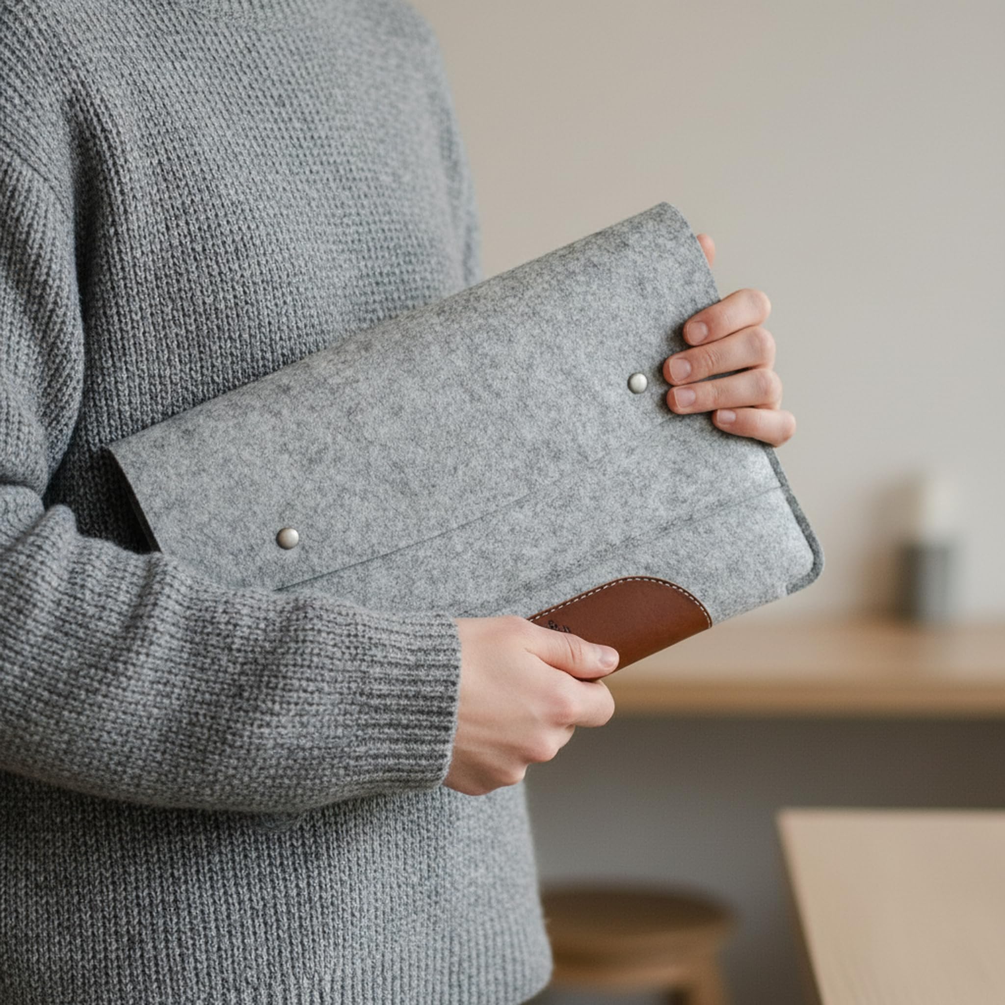 Pack & Smooch MacBook 13 Funda Fieltro Gris/Marrón Claro | 100% Fieltro de lana | Cuero curtido vegetal | Compatible con MacBook Air/Pro 13 | Hampshire