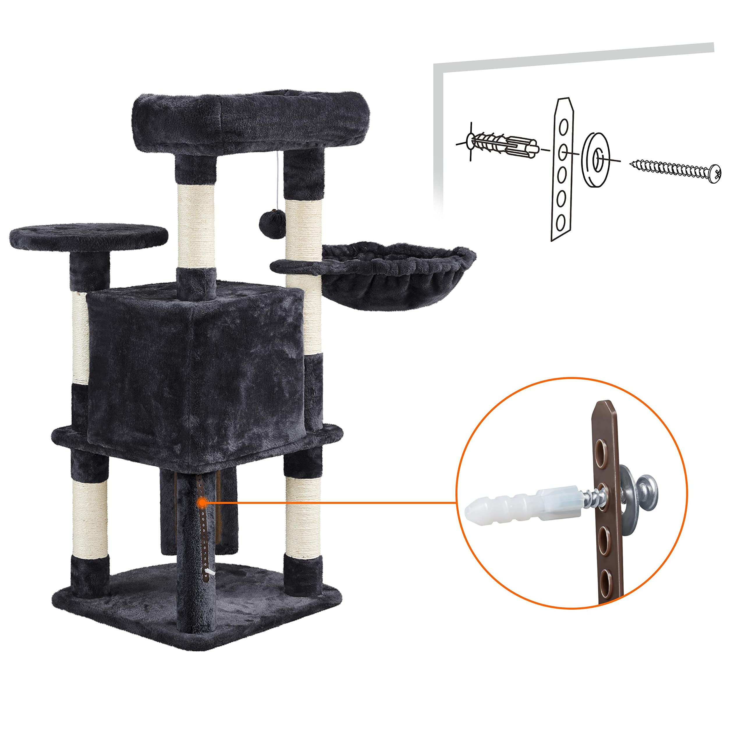 Yaheetech Árbol Rascador para Gatos Altura 106 cm Torre de Gatos Negro | Rampa de sisal, Correa antivuelco, postes cuerda de sisal, Bola colgante sustituible, Condominio grande, cesta acogedora