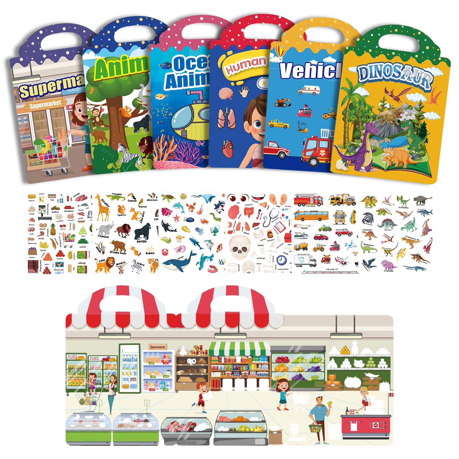 6 PCS Reusable Sticker Book, 3D Puffy Sticker Books for 2 Year Olds, Vehicles, Animals, Dinosaur,Ocean,Body,Supermarket Peelies Sticker Book Learning Toy Birthday Gifts for Boys Girls — image 1