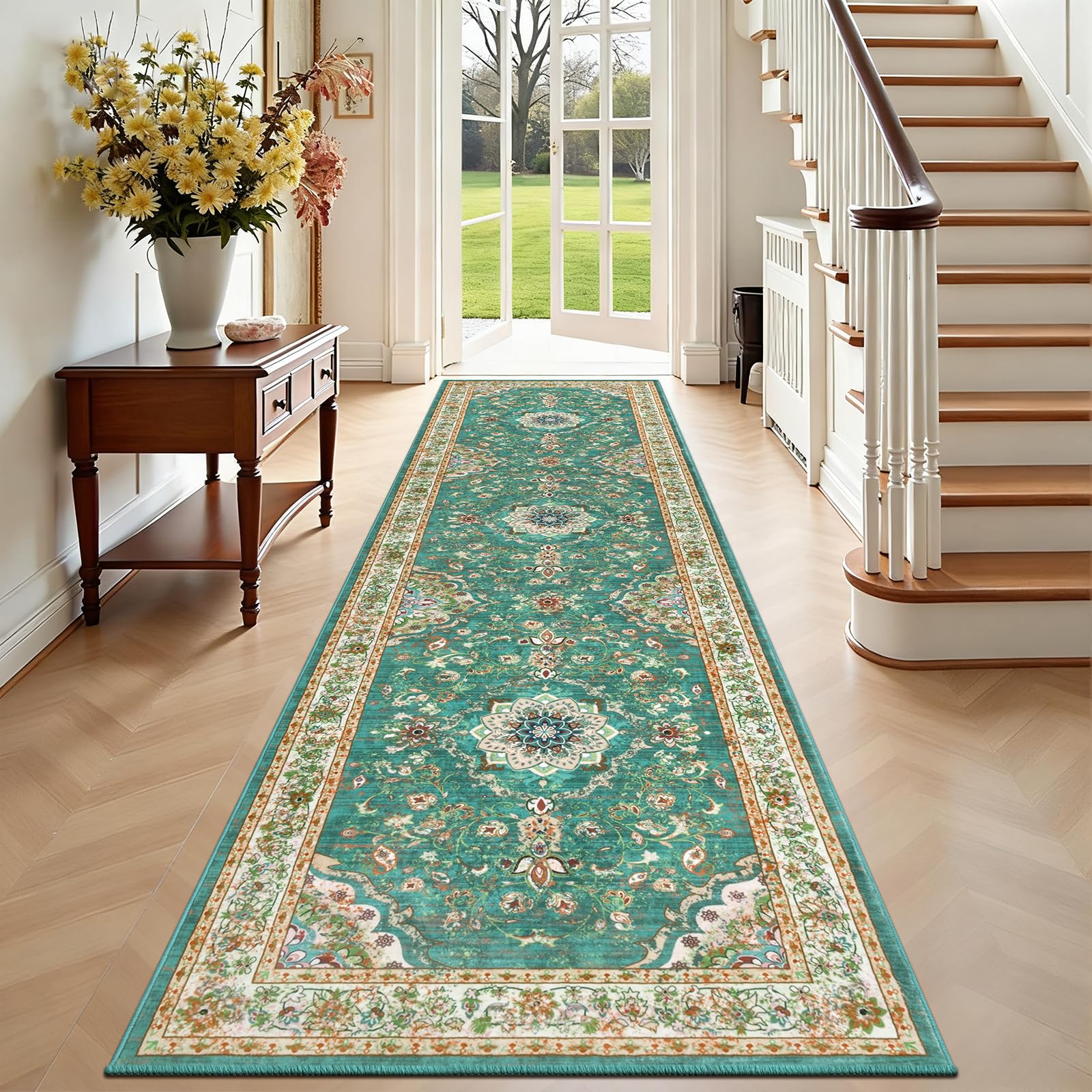 Enyhom Alfombra Pasillo Extra Larga 80 x 300 cm, Suave Alfombra Cocina Lavable Antideslizante Alfombra de Pasillo Verde Vintage Floral Tapete Cocina para Sala de Estar, Lavandería, Dormitorio, Comedor