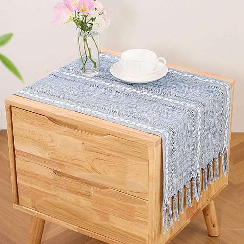 Miniatura 9 de GSG Camino de mesa gris rústico de lino estilo bohemio de 13 x 120 pulgadas de largo, camino de mesa rústico hecho a mano con borlas para fiestas,
