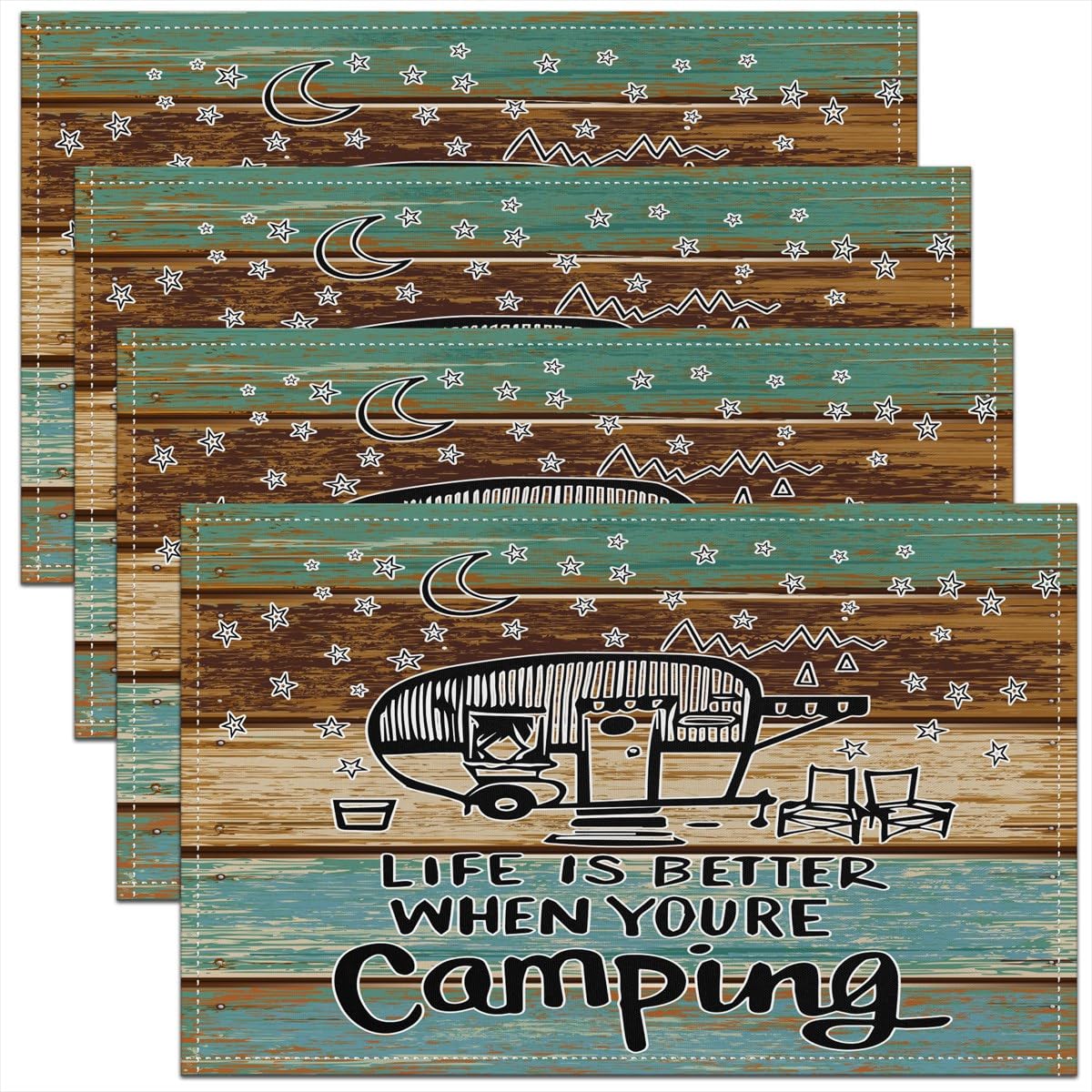 Homemissing Multicoloured 19 Happy Camping Placemat For Kitchen Dining Table Indoor Outdoor,Camper Placemats Set Of 4 Rv Camping Wooden Table Place Mats, Microfiber Cartoon Camping Car Rustic Table Mat 45X30cm