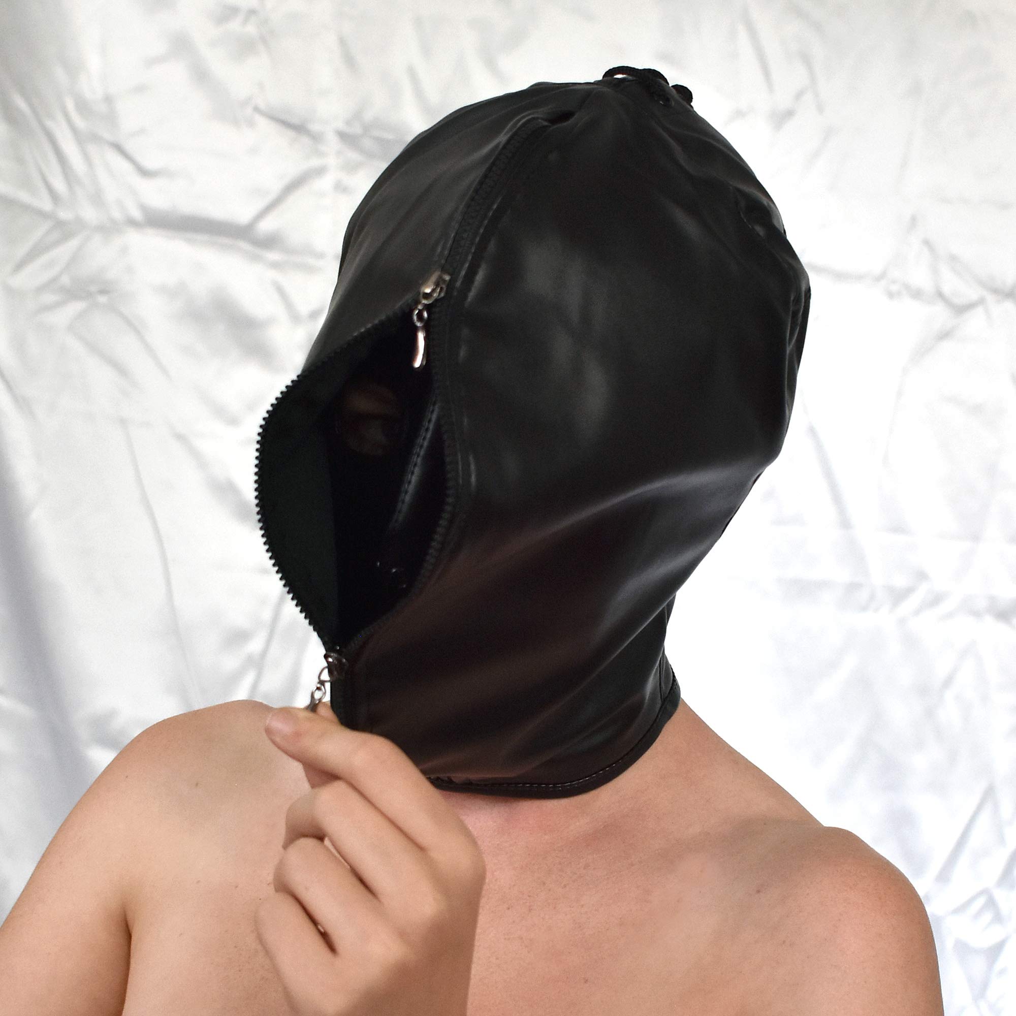 Morbida maschera doppia bondage feticistica – Maschera BDSM in similpelle, cerniera bidirezionale, Breathplay Mask, cappuccio isolante, formata anatomicamente
