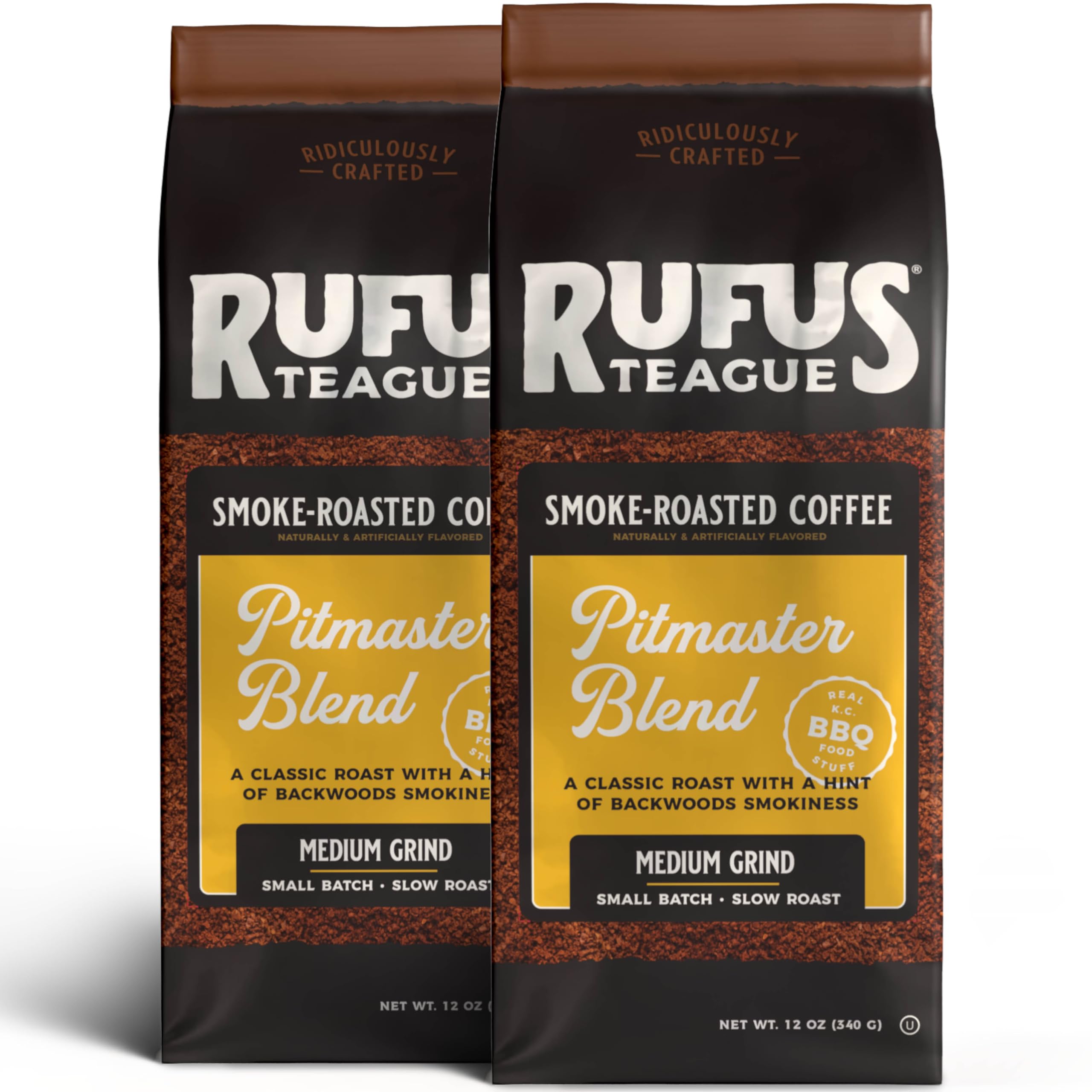 Rufus Teague Pitmaster Blend Ground Coffee, Gourmet Fresh Dark Roasted Coffee, Smoke Roasted Java, Medium Grind, 12 oz Bag, 2-Pack