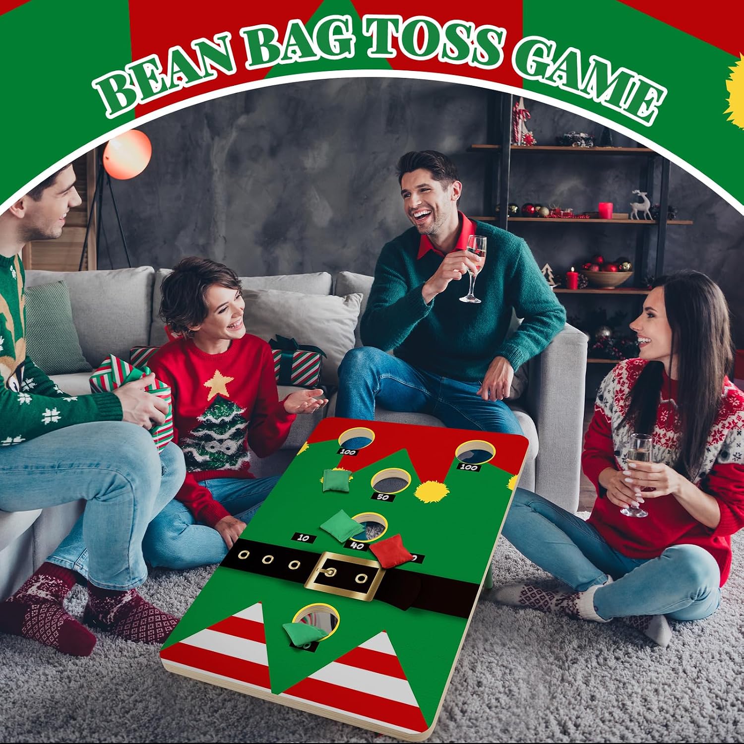 Hiboom 24 x 17 Inch Large Christmas Toss with 6 Bags Christmas Bean Bag Party Favor Outdoor Beach Yard Activities Family Party Supplies(Doll)