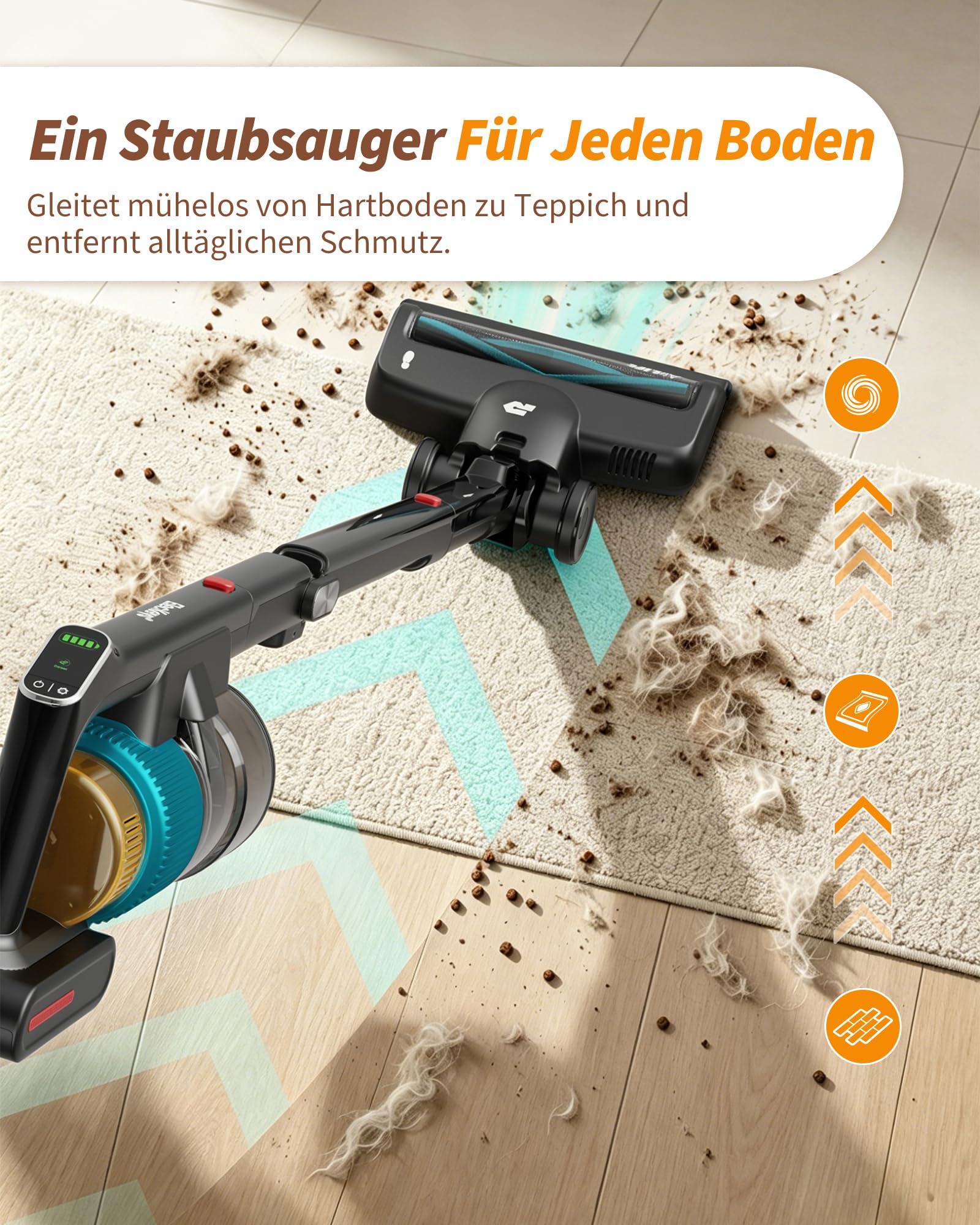 ElecKeys Akku Staubsauger 55000Pa/650W/65Min, Staubsauger Kabellos mit Lade-/Aufbewahrungsstation, Faltbar, Selbststehend, Anti-Tangle-Bürste, Akkustaubsauger für Tierhaare Teppiche Hartböden Auto