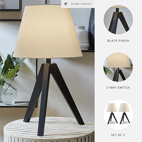 Miniatura 3 de Signature Design by Ashley Laifland - Juego de lámparas de mesa de madera moderna de mediados de siglo de 24 pulgadas, 2 unidades, negro y beige