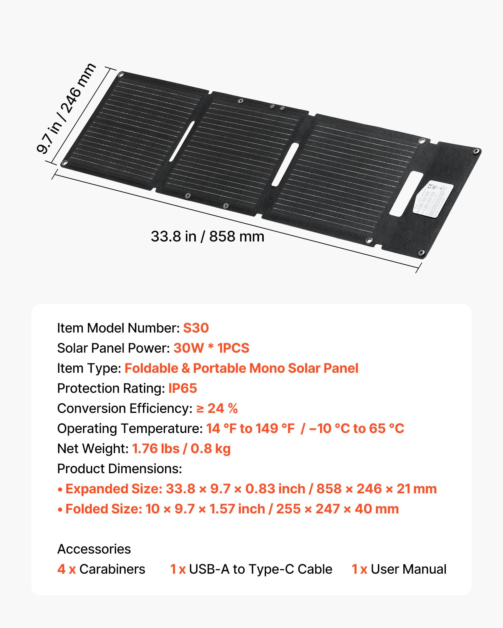 VEVOR Placa Solar Plegable 30W, Panel Solar Monocristalino Portátil, 3 Puertos USB-A y USB-C, IP65 Impermeable, Cargador para Tablets Móviles Power Bank, Energía para Camping Senderismo Autocaravanas