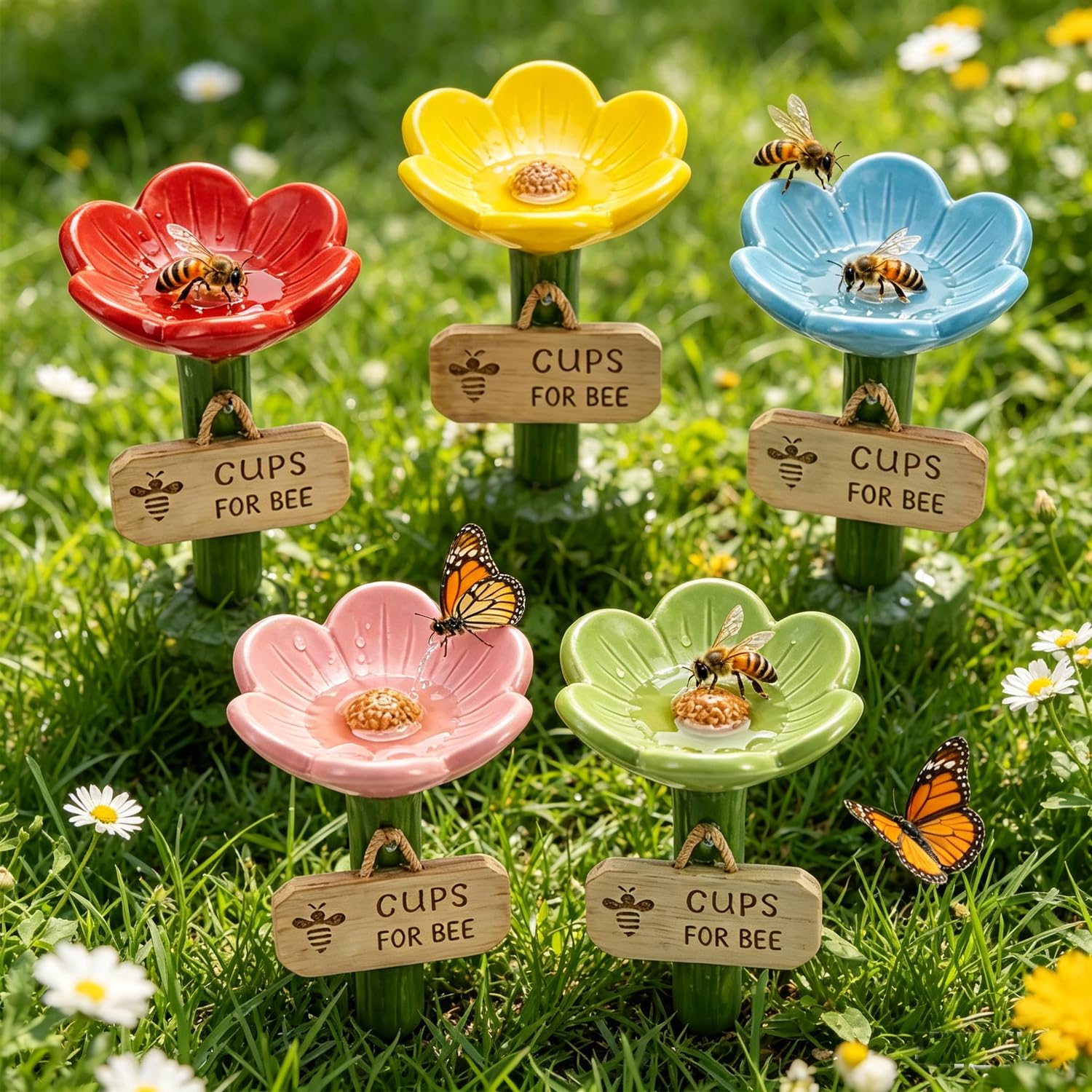 Lansls 3Pcs Flower-Shaped Bee Watering Station, Cups For Bees, Resin Bee Cups For Thirsty Pollinators, Colorful Outdoor Water Feeder For Bees & Butterflies, Garden Lawn Patio Decor (5 Pack)