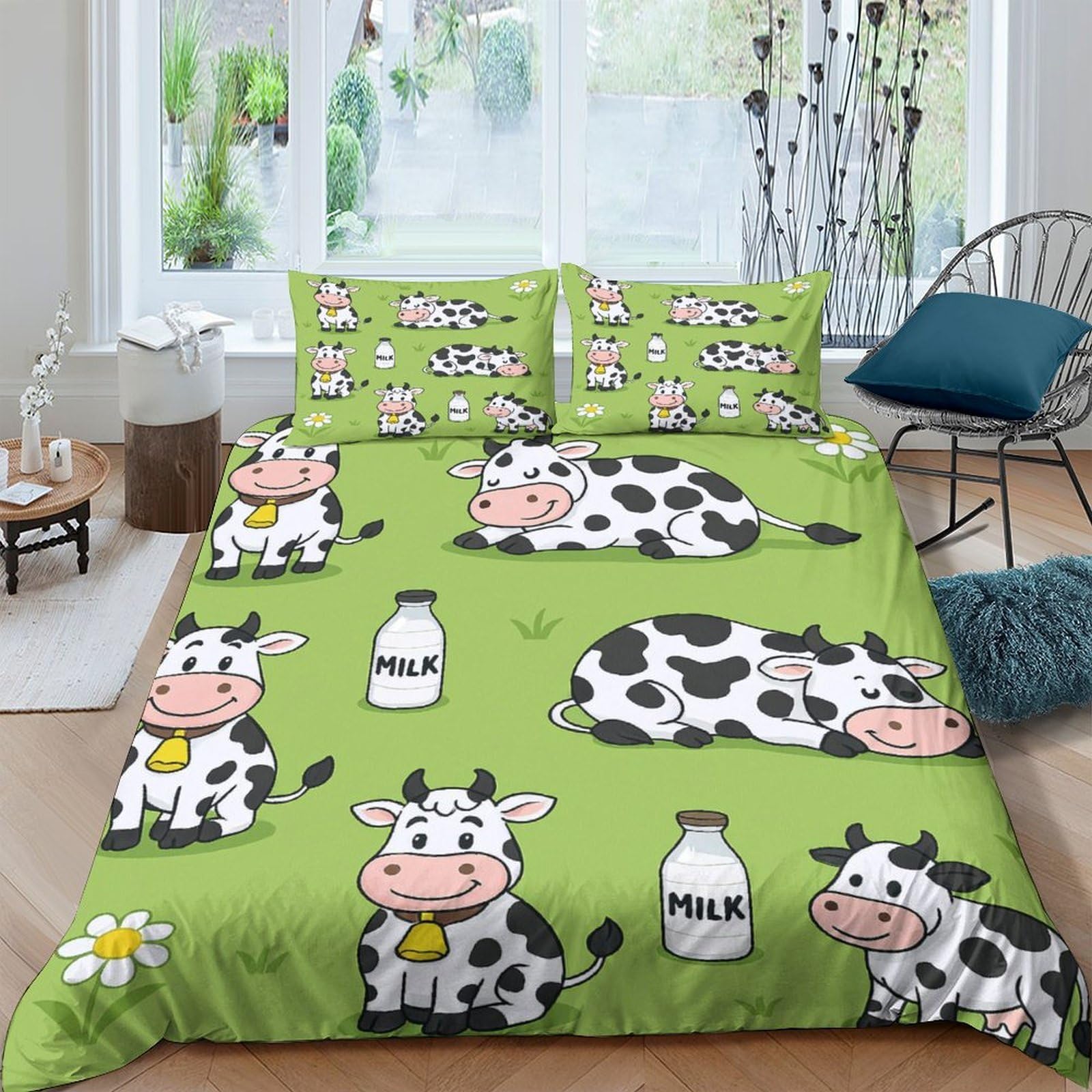 Ctjqhvkz Style-4 3D Printed Cartoon Cow Fitted Sheet Microfiber Green Animal Bed Cover Anti-Slip Machine Washable Bedroom Decor Single（135X200cm）