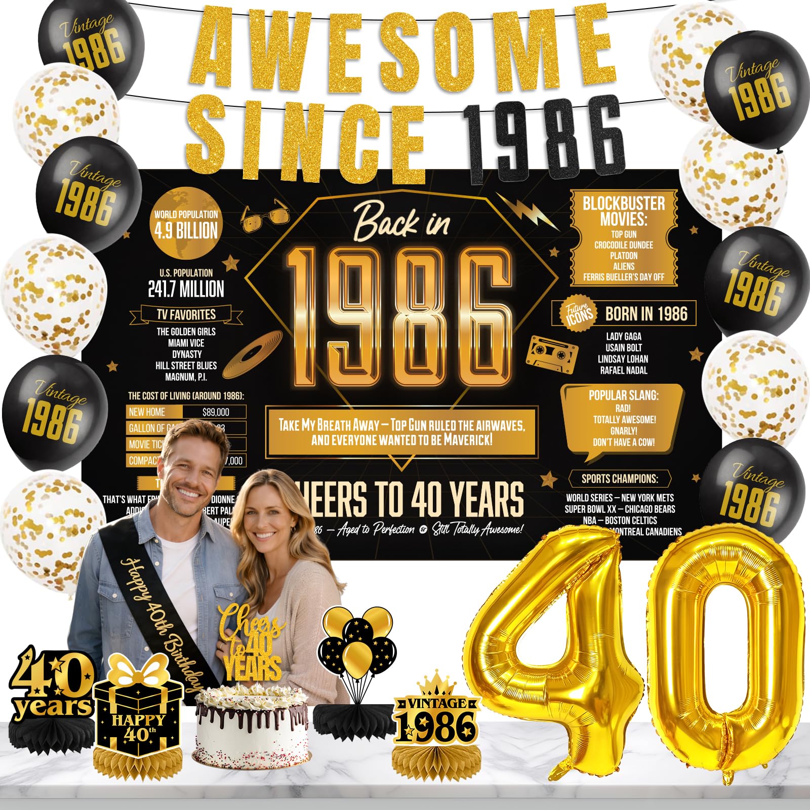 Vintage 40th Birthday Decorations for Men,Awesome Since 1986 Black Gold Backdrop Banner with Balloons, Retro Back in 1986 Party Decorations for Him, Husband, Dad