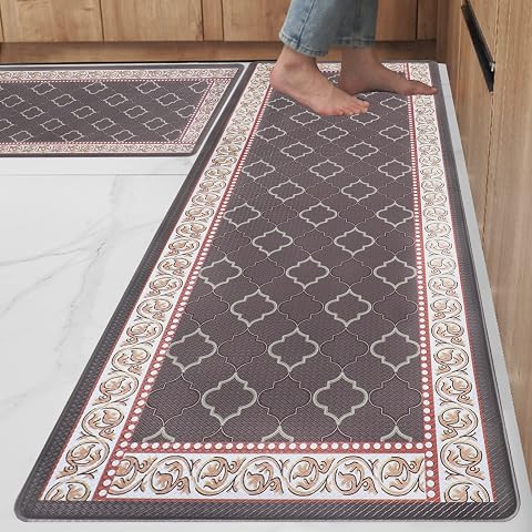 Kitchen Floor Mat Set of 2, Anti Fatigue Kitchen Mat 20"x32"+20"x47" | Non-Slip Cushioned Waterproof Kitchen Rug, PVC Comfort Kitchen Mats and Rugs for Kitchen, Office, Home, Laundry