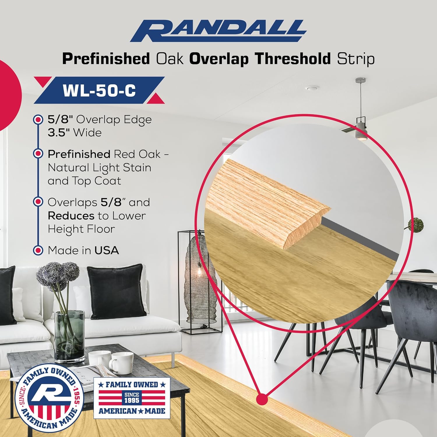 Randall Manufacturing Co., Inc Prefinished Oak Overlap Threshold 3 1/2inches Wide x 5/8inches Thick with 5/16inches High Overlap (3 FT [36inches] Long)