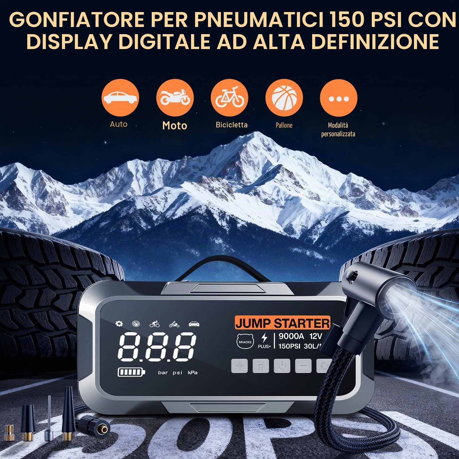 Avviatore Di Emergenza 9000a Potenziato, 22 Cilindri, Gonfiaggio Rapido In 90 Secondi, Con Illuminazione A Led, Chip Ai, 12v, Compressore D'Aria Da 150 Psi, Per Veicoli Diesel e Auto
