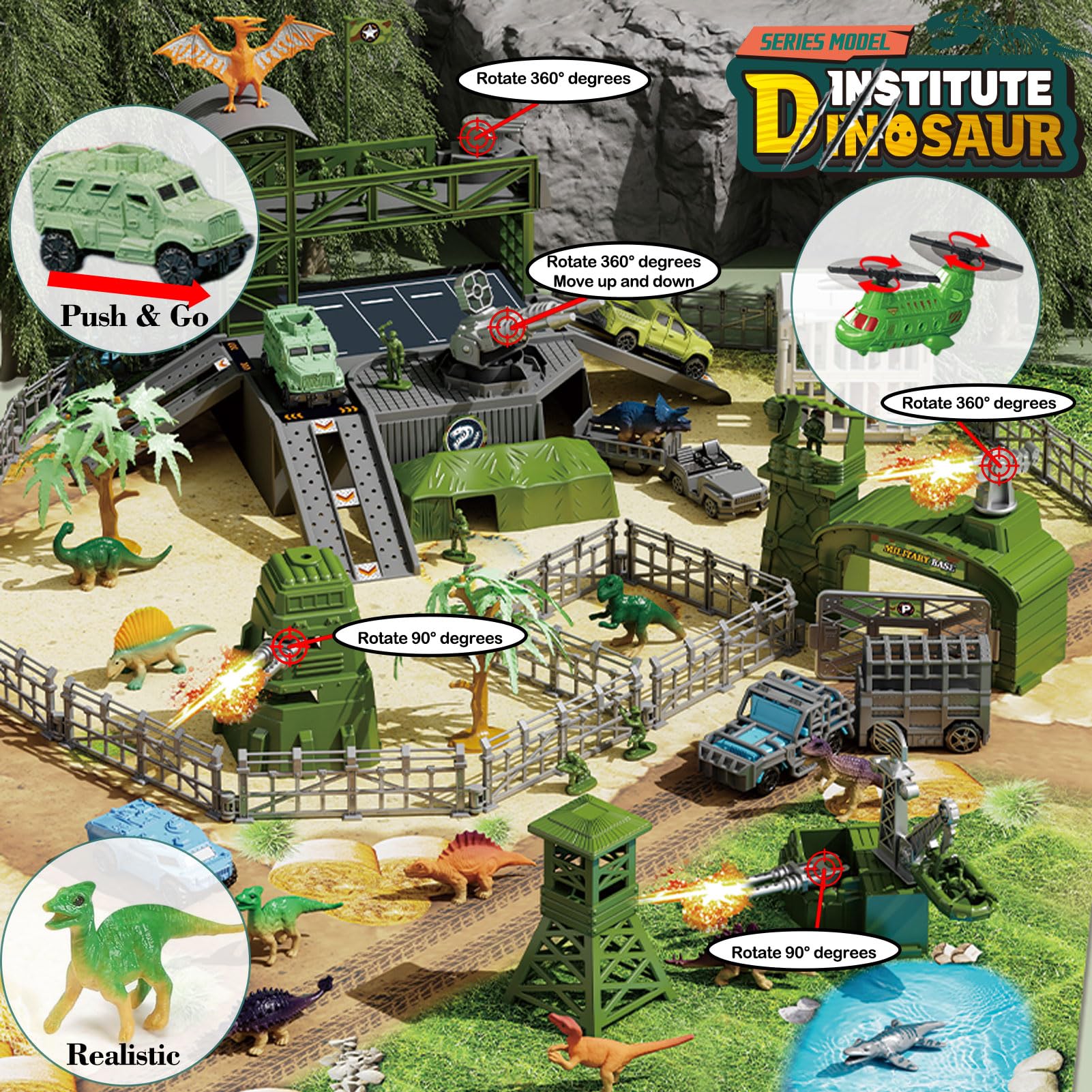 Military Dinosaur Battle Playset, 56 Piece Army Toy Set Soldier Figures, Military Vehicles (Helicopter, Je-ep, Trucks) - Image 2
