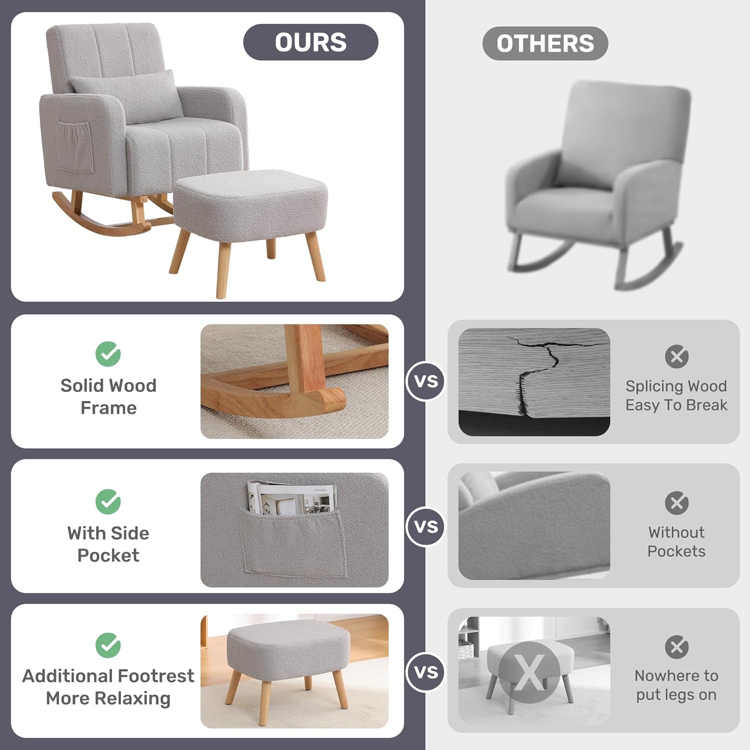 Rocking Chair with Ottoman, Nursing Glider Rocker with High Backrest and Side Pocket, Comfy Reading Chair with Solid Wood Legs for Nursery/Living Room/Bedroom Light Grey