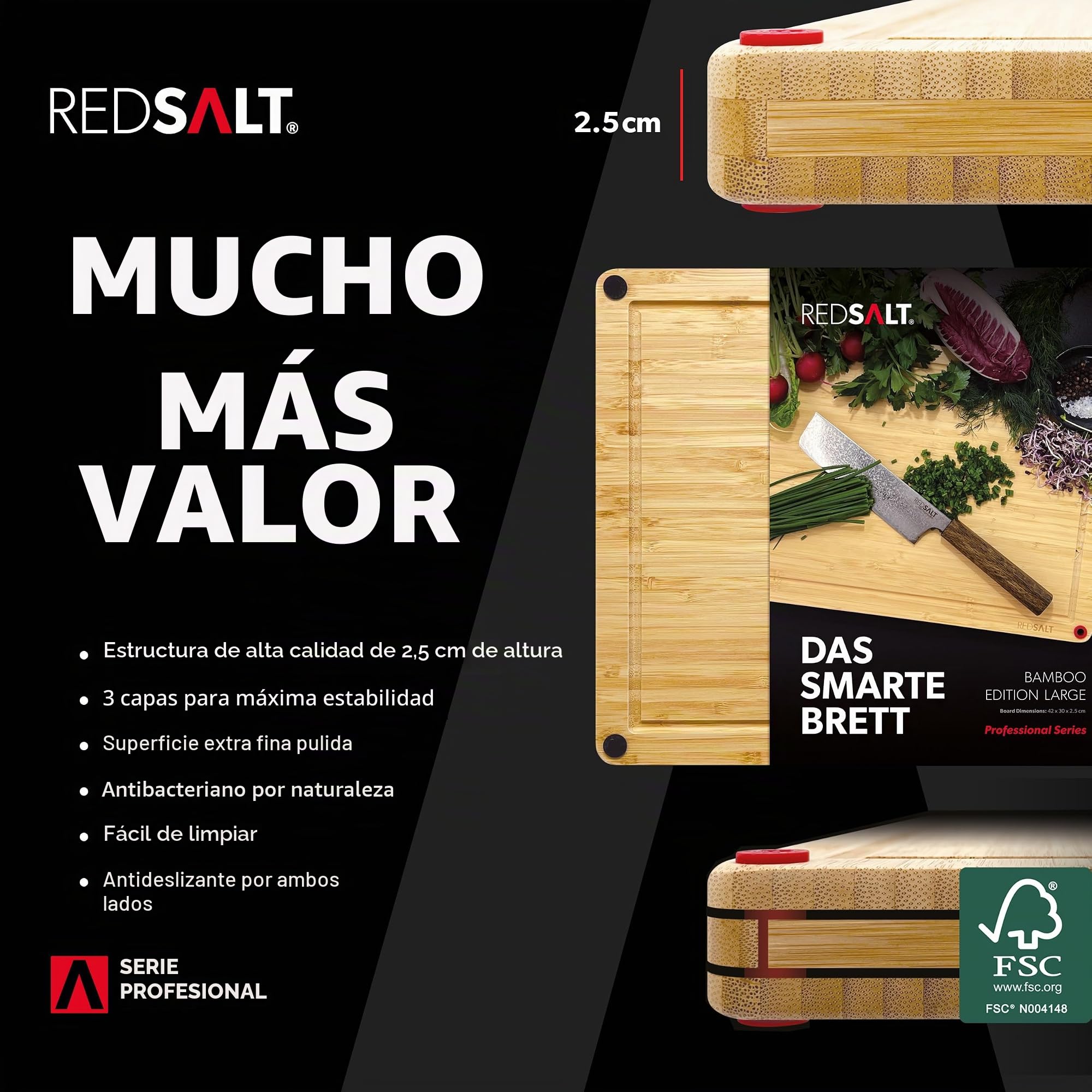 REDSALT® Innovadora tabla de cortar de madera de bambú, grande XL, 50x36x2,5cm, reversible, antideslizante, antibacteriana, surco profundo, tabla prémium para cocina, barbacoa, regalo sostenible