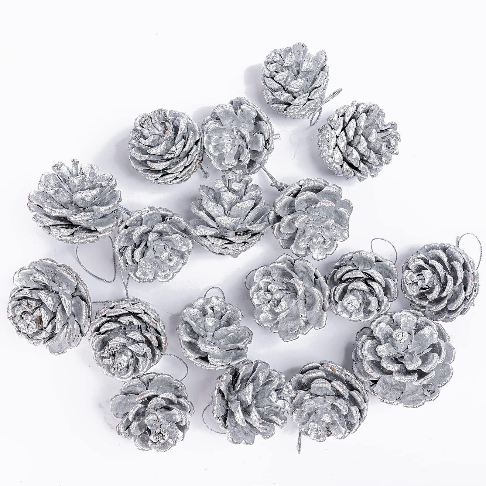 YUNSTK 18 Pieces Pine Cone Christmas Tree Decorations, Silver Pine Cones, Natural Pinecones with String Pendant Crafts for Garland Xmas Tree Baubles Wreath Gift Tag Hanging Ornaments