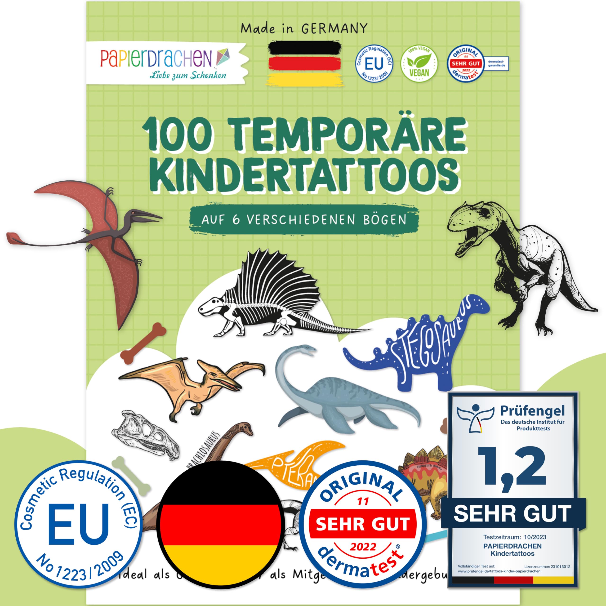 Papierdrachen 100 Tattoos Kinder - Motive mit Tieren - Hautfreundliche & Getestete Kindertattoos - Kinder Tattoo Mädchen & Tatoo Jungen - Tattoo Kinder Designs Klebetattoos - Geschenke Kinder
