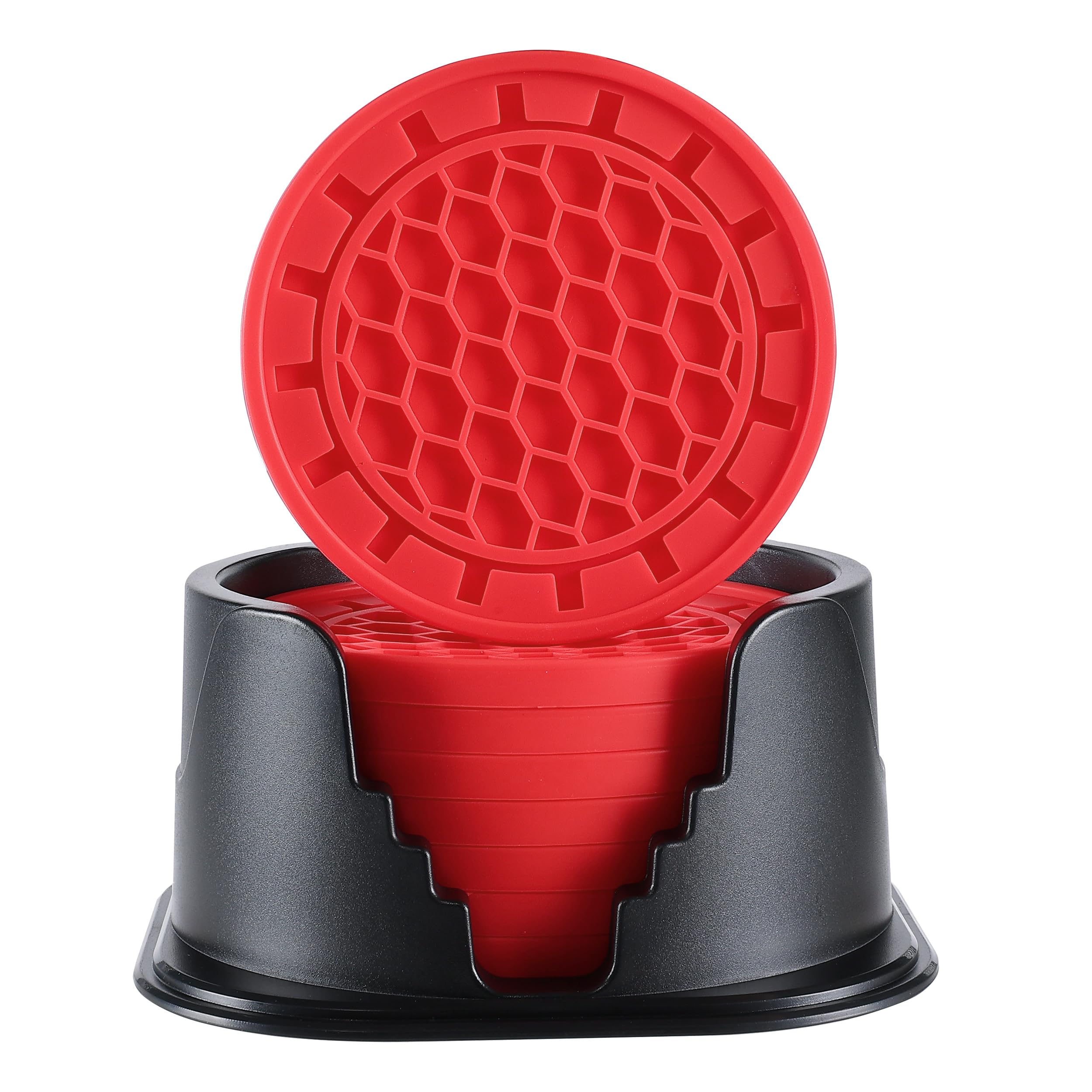 Amooca Silicone Coasters 8 Pack with Holder Anti-Slip Non-Stick Drink Coaster Deep Tray Cup Mat for Hot or Cold Drinking Red Gear