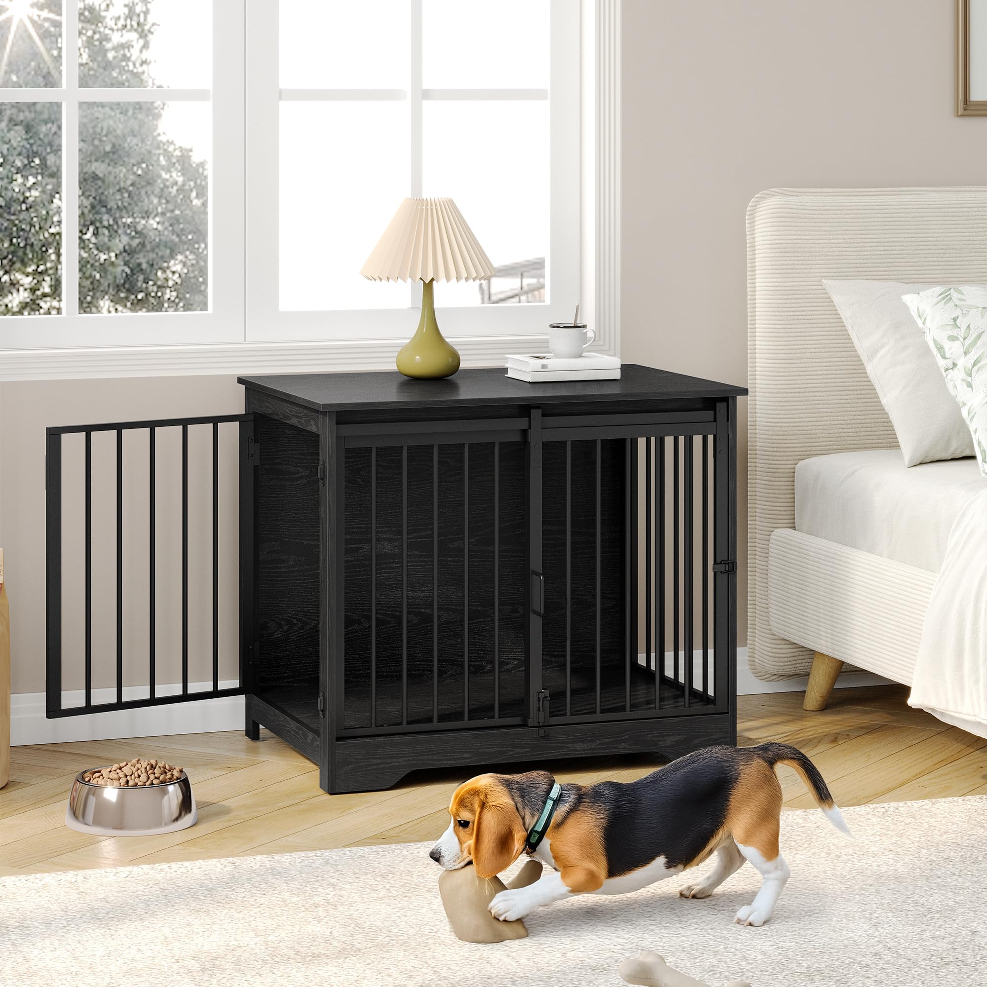 Hzuaneri 81cm Jaula para Perros, Mesa Auxiliar, casa Moderna para Perros, Jaula para Cachorros, dúplex para Animales, 2 Puertas, 55 x 81 x 67,5 cm, Negro DFC83604B
