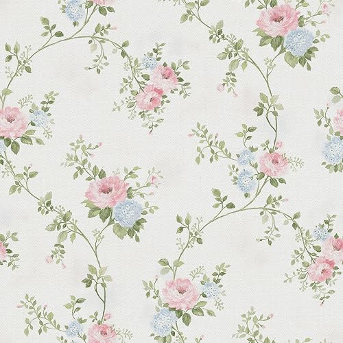 Vintage Peel and Stick Wallpaper, Soft Pastel Pink & Light Blue Floral Trailing Vine Removable Self Adhesive Contact Paper for Cabinet, Dresser & Drawer Refinishing, Shabby Chic Decor 17.3in x 118in