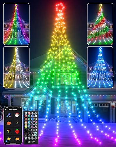 Guirnalda de luces de estrellas para decoración de Navidad al aire libre de 23 pies, luces LED RGB inteligentes para árbol, cascada, escenas