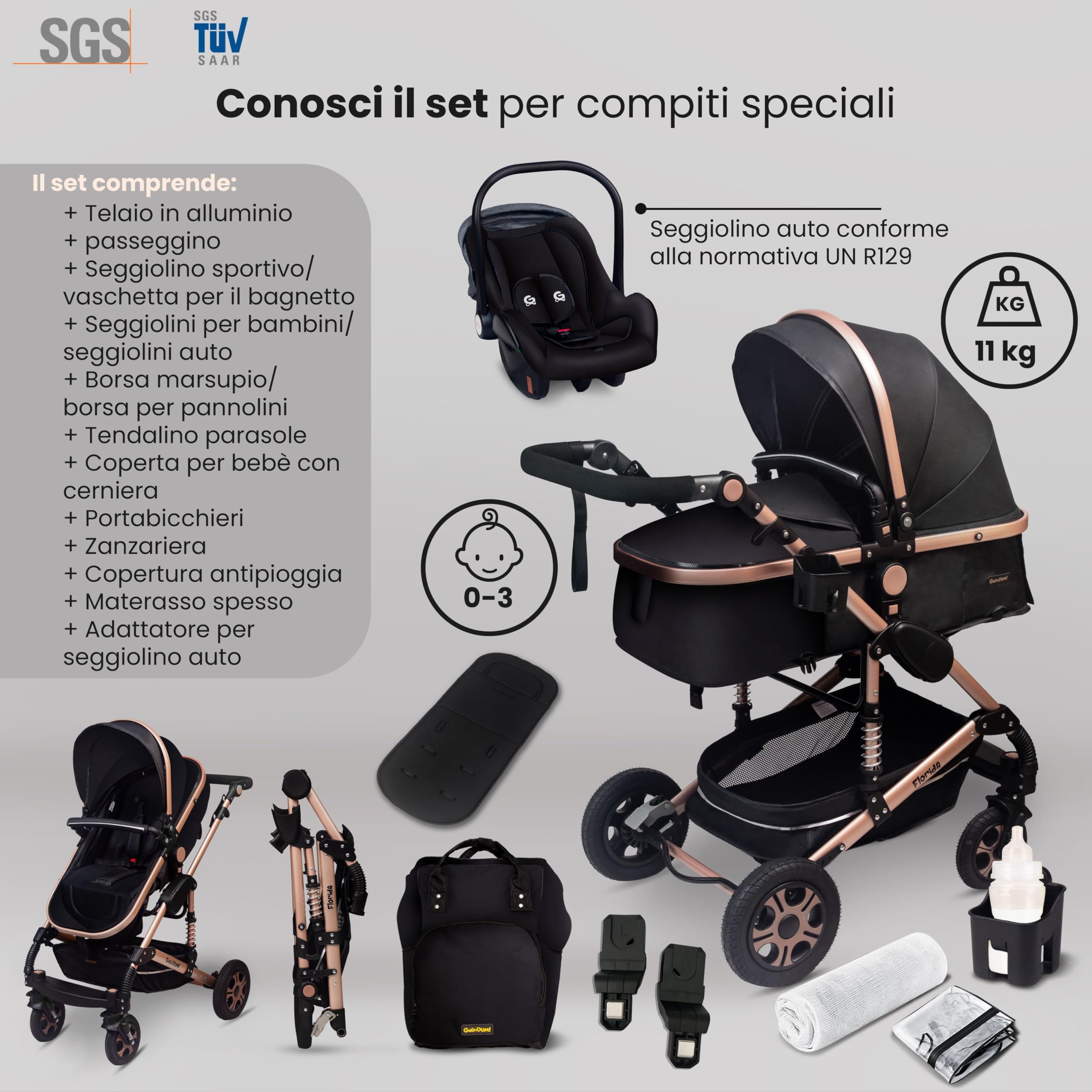 GaGaDumi Florida 3 in 1 Passeggino Trio, Carrozzina, Seggiolino Auto, Pieghevole, 0-36 mesi, Nero/Oro