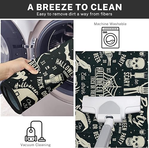 Miniatura 6 de Juego de 2 alfombras y tapetes de cocina para fiesta de Halloween, antideslizantes, lavables, color negro, parches retro, diseño de calavera