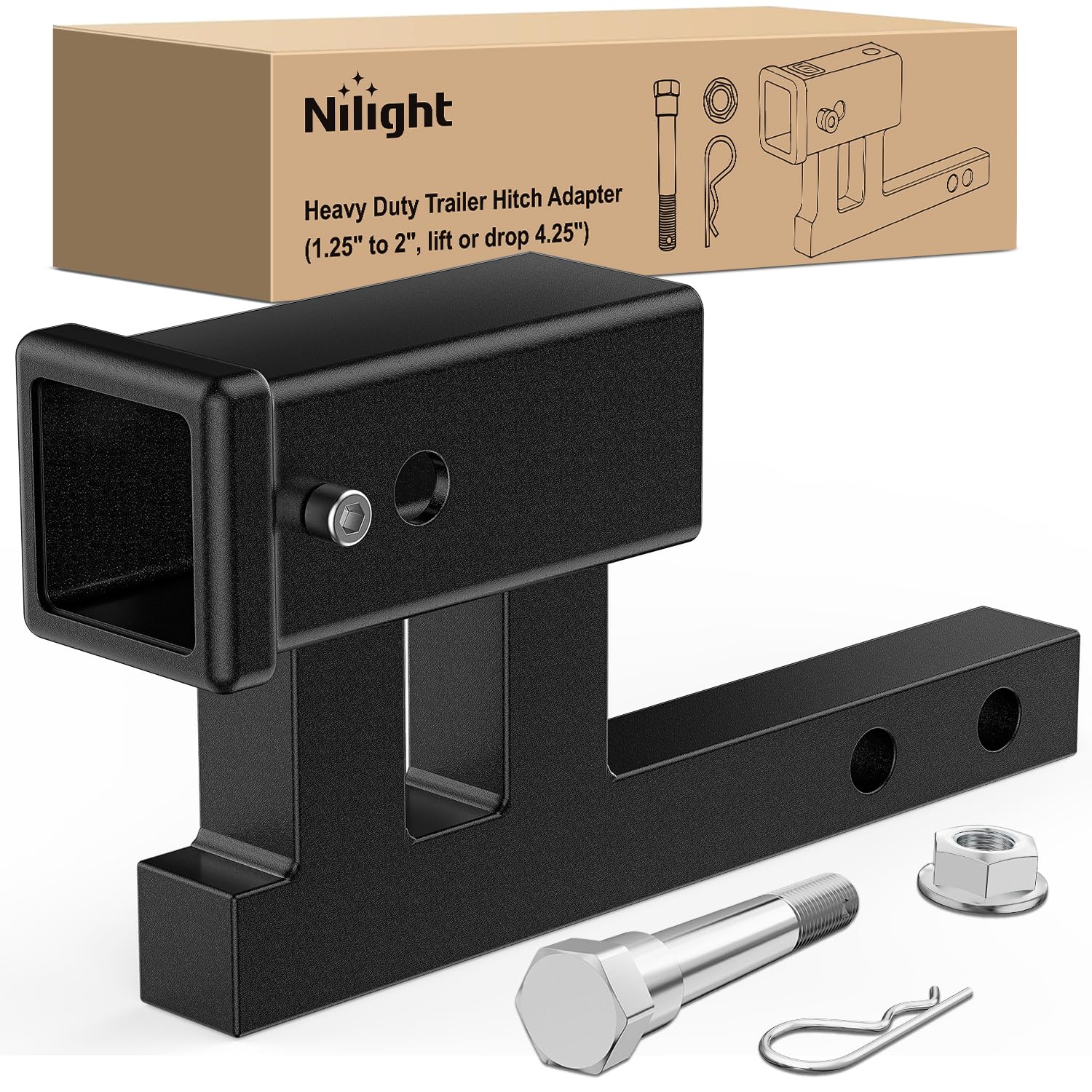 Nilight Trailer Hitch Extender Adapt 1-1/4 Inch to 2" Receiver Adjustable