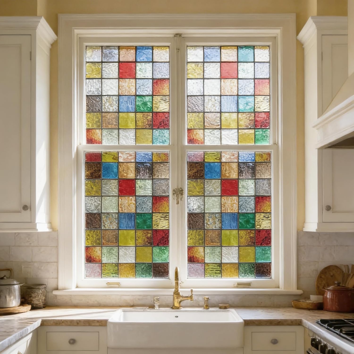 Stickyart Vintage Stained Glass Window Film Colorful Grid Mosaic Window Privacy Film Day and Night Decorative Windows Decal Static Cling 3D Privacy Stickers Reusable for Front Door RV 23.6"x78.7"