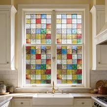 Stickyart Stained Glass Window Film Colorful Square Grid Window Privacy Film Vintage Decorative Privacy Static Cling Films 3D Windows Sticker Decal Sun Blocking for Bedroom Kitchen 17.5"x78.7"