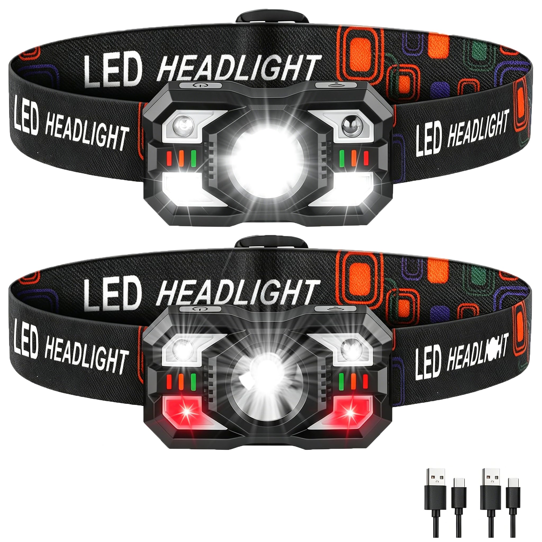 XLENTGEN Lampada frontale ricaricabile a LED, 5 modalità, 500 lumen, ultra luminosa, con sensore di movimento, ideale per campeggio, pesca, corsa e caccia, confezione da 2