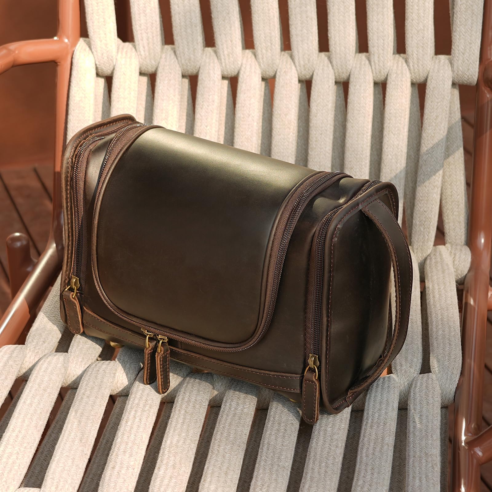 Polare Kulturbeutel aus Vollnarbenleder, Reise-Kulturbeutel, Make-up-Kosmetik-Organizer, Rasierset, Waschkoffer mit Haken zum Aufhängen, Dunkelbraun, Vintage, Dunkelbraun, Vintage-Stil