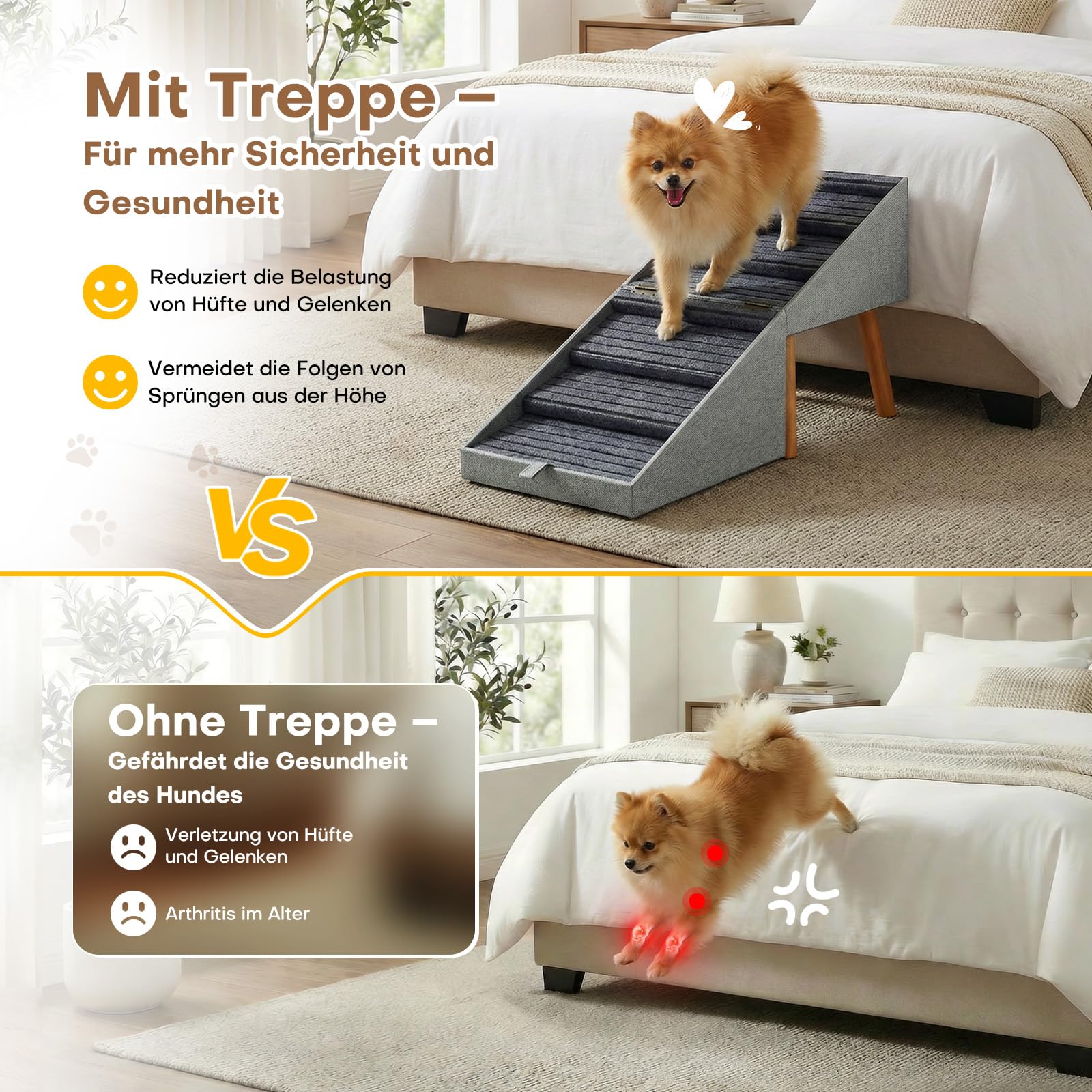 Scala per cani di piccola taglia e gatti per divano e letto, pieghevole, 2 in 1, in legno, per cuccioli, design ottomano (grigio chiaro, altezza 53,5 cm)