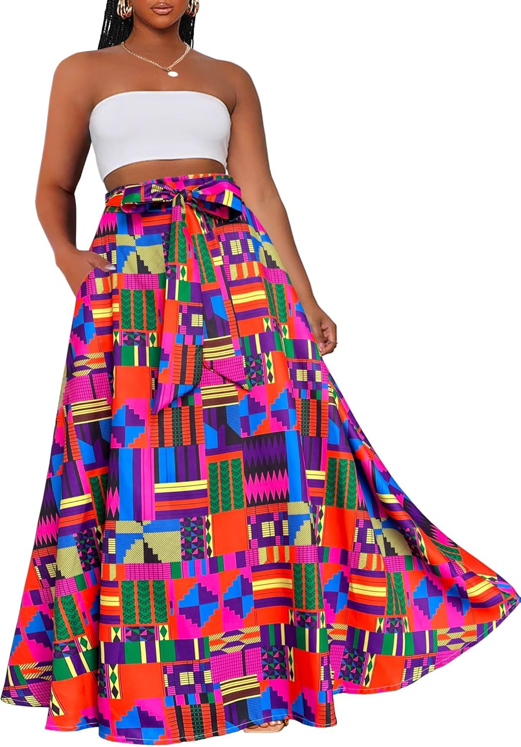 Afibi Womens Casual High Waist Tie African Print Long Maxi Skirt with Pockets - Image 2