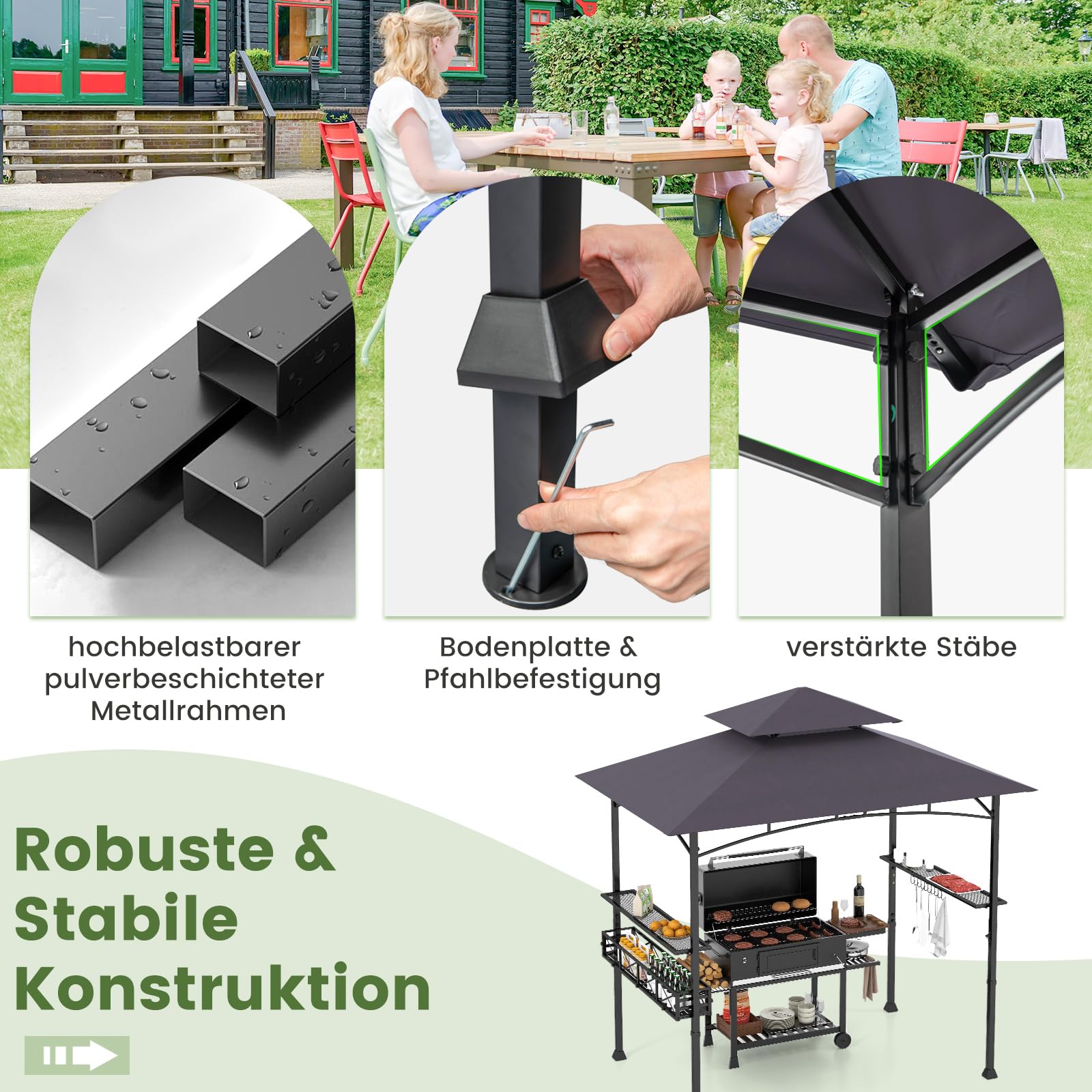 GOPLUS Pawilon grillowy, podwójny dach z 2 półkami, 10 haczyków, otwieracz do butelek i kosz do przechowywania, zadaszenie grilla, odporny na warunki atmosferyczne, do użytku na zewnątrz, na podwórko