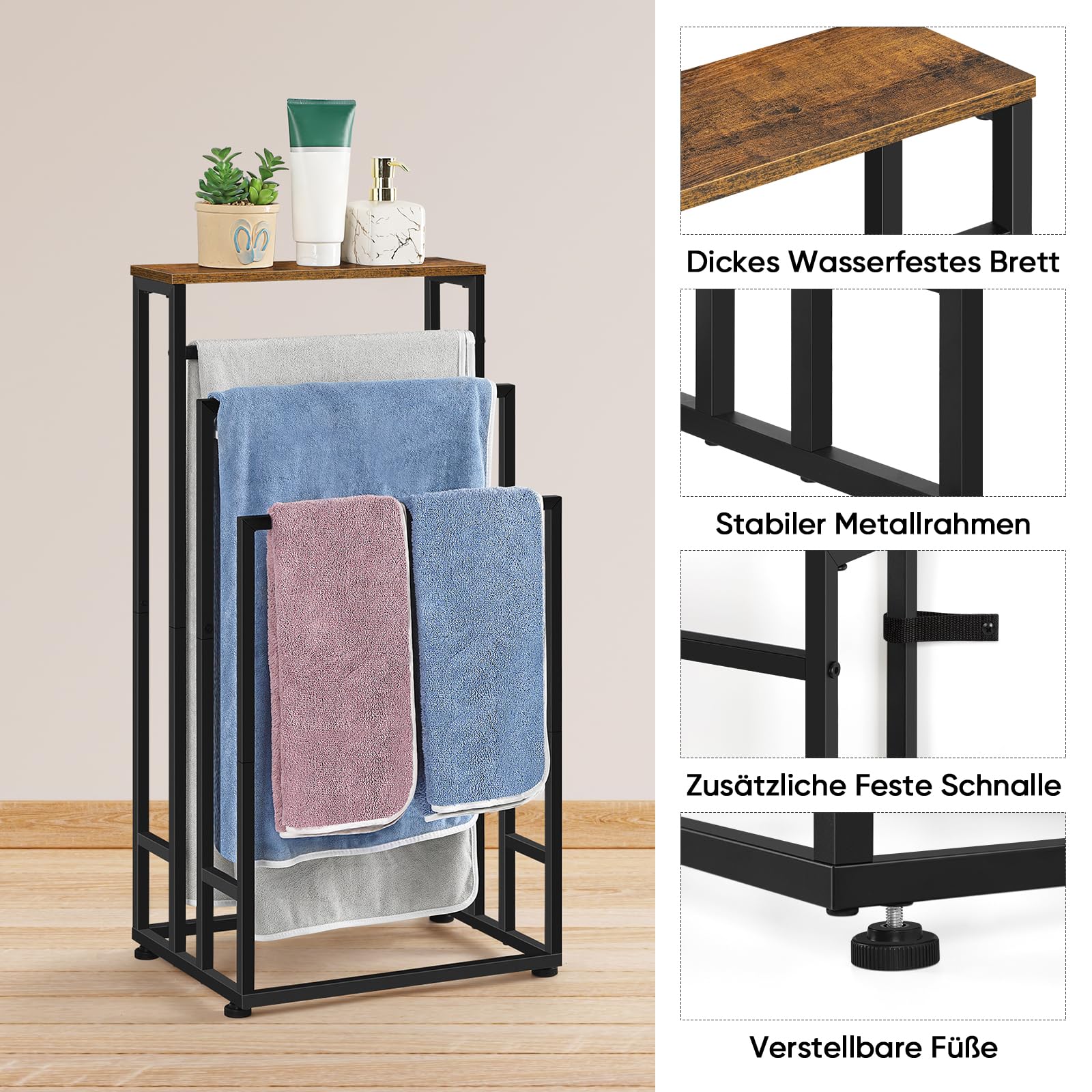 3 Niveaux Porte Serviette Salle de Bain Porte Serviette sur Pied Marron