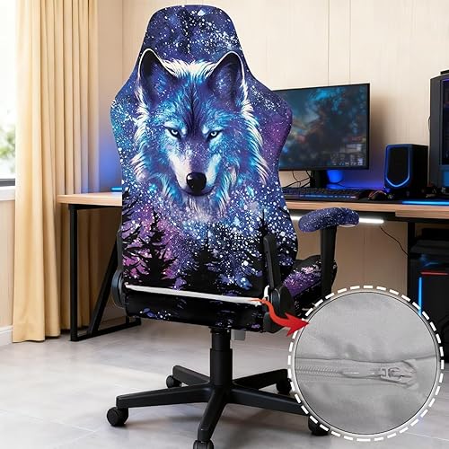 Miniatura 5 de Wolf - Funda para silla de juegos para niños y hombres, fundas de reposabrazos de ensueño elásticas y ergonómicas, protector de escritorio,