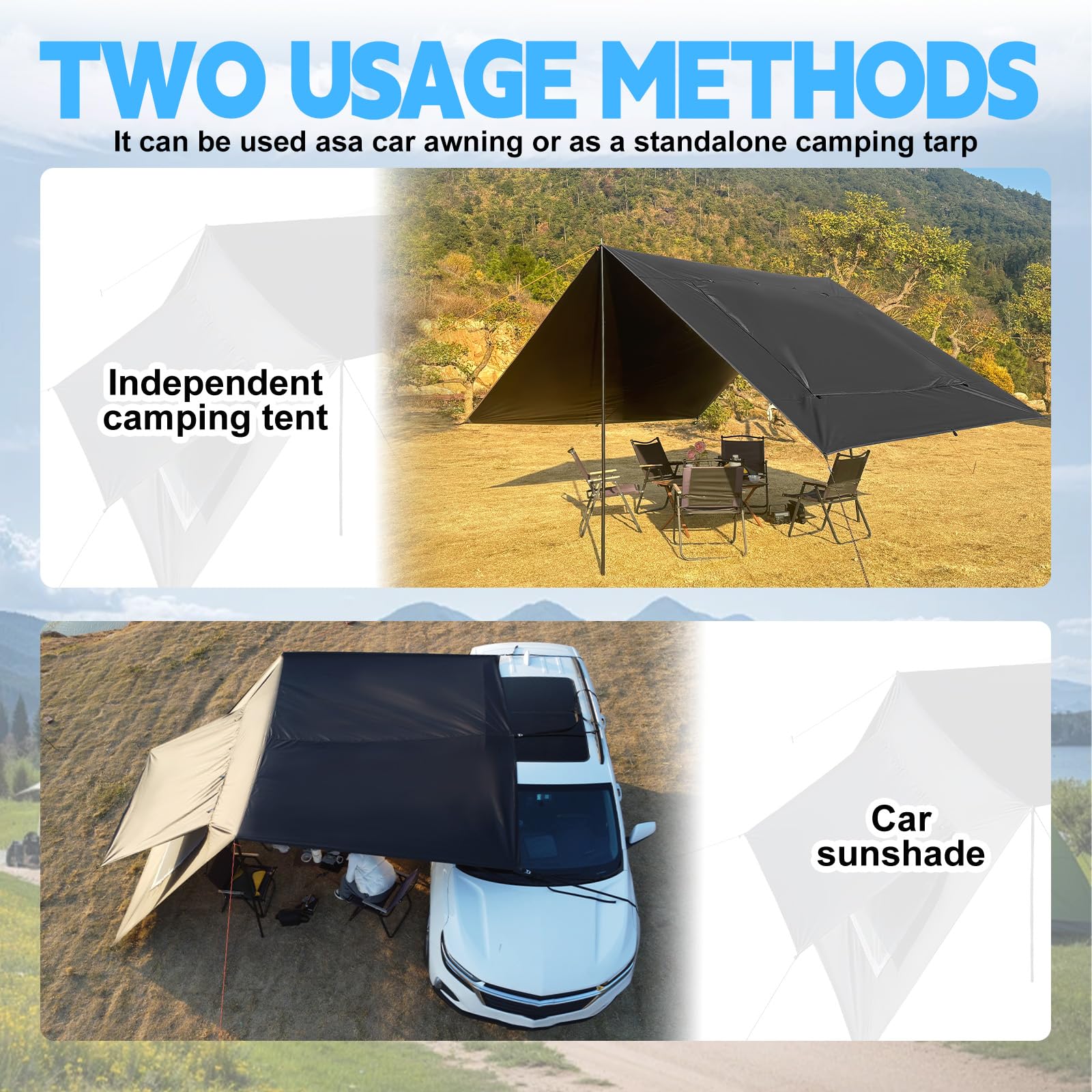 Auvent de camping imperméable et protection solaire pour van - 2,9 x 4,8 m - Avec poteau - Noir
