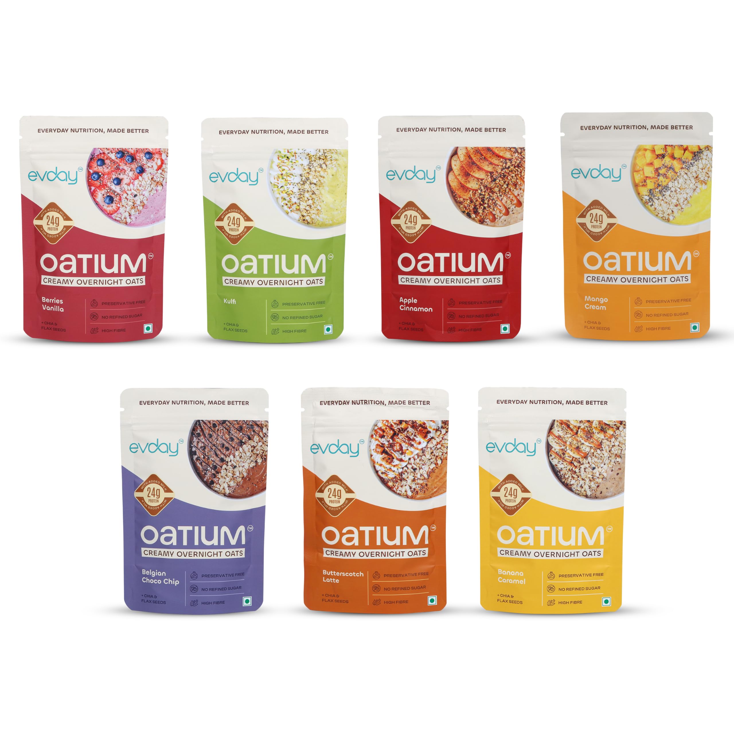 Evday Oatium High Protein Overnight Oats Variety Pack | Belgian Choco Chip, Kulfi, Banana Caramel, Berries Vanilla, Butterscotch Latte, Mango Cream & Apple Cinnamon | 75g x 7 Packs (525g) | High Fibre | No Refined Sugar-image-25