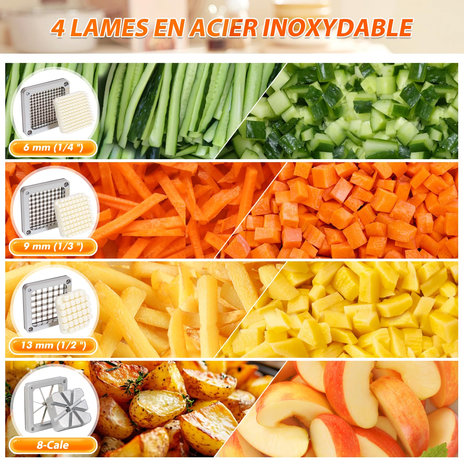 Anatole Coupe-Frites Professionnel avec 6mm 9mm 13mm 8-Coin Lames en Acier Inoxydable Coupe Pommes de Terre Frites Manuel Trancheuse de Légumes Commerciale avec Ventouses pour Carotte Oignon Pomme