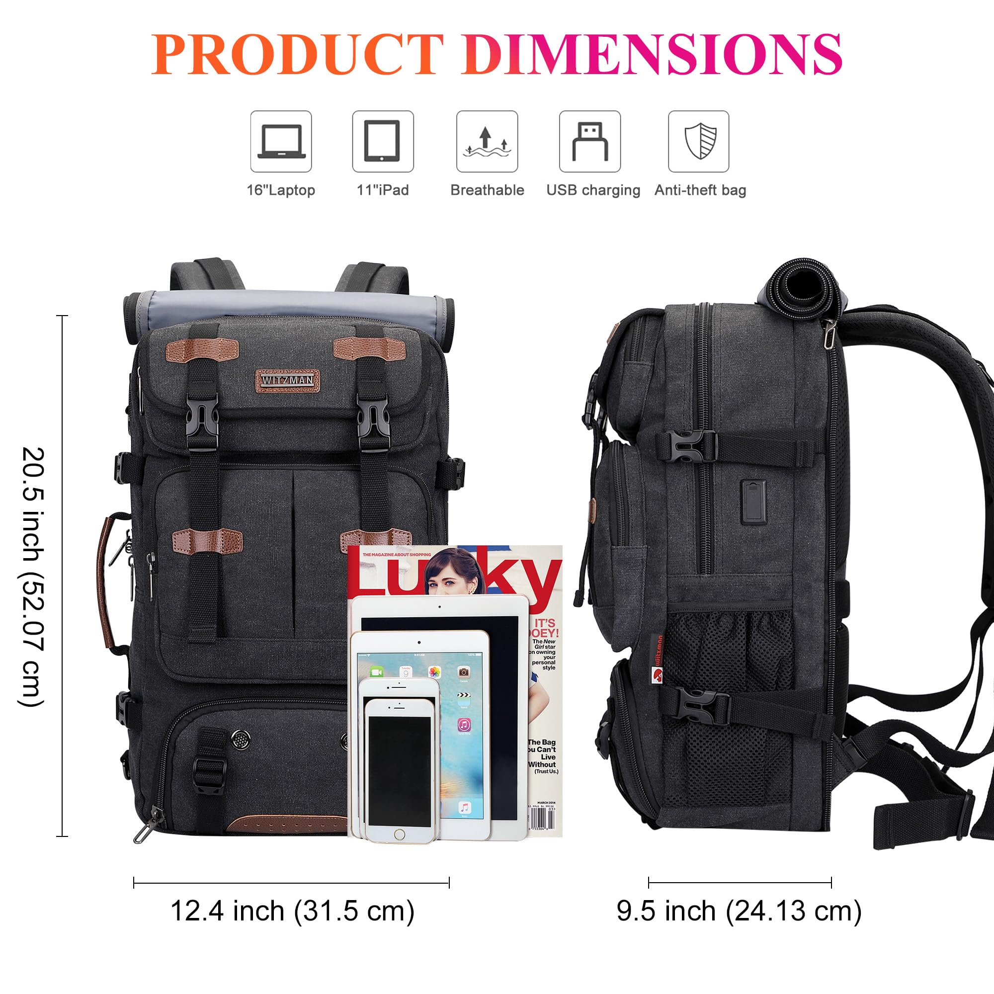 WITZMAN Canvas Reiserucksack Herren 40L Vintage 3-in-1 mit Laptopfach | USB-Anschluss, mehrere Fächer und flexible Tragemöglichkeiten, ideal für Reisen, Arbeit und Kurztrips, A8013 Schwarz